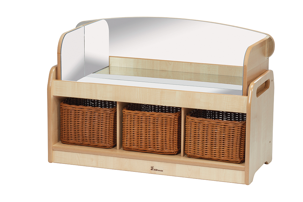 niedrige Sensorik-Spielstation mit Spiegelrahmen und 3 Aufbewahrungskörben