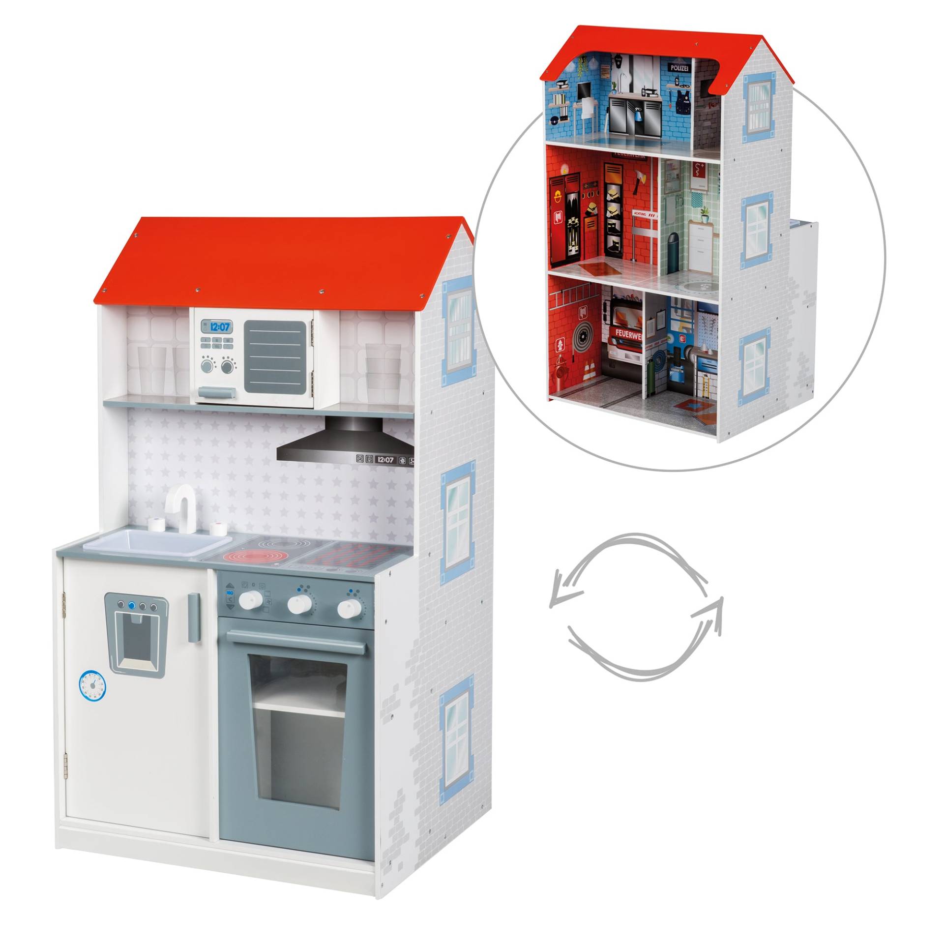 roba 2in1 Puppenhaus & Kinderküche, großes Spielhaus für Jungs und Spielküche in einem