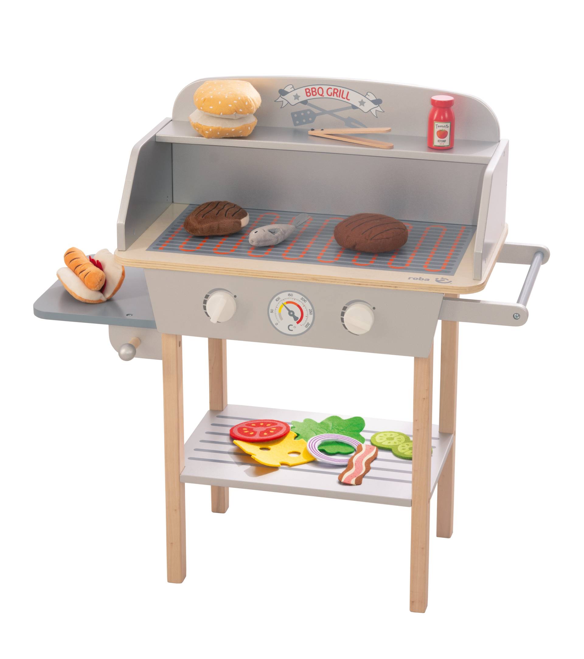 roba BBQ-Grill aus Holz, mit 14-teiligem Stoffzubehör, Spielzeug Barbecue Grill, ab 3 Jahren