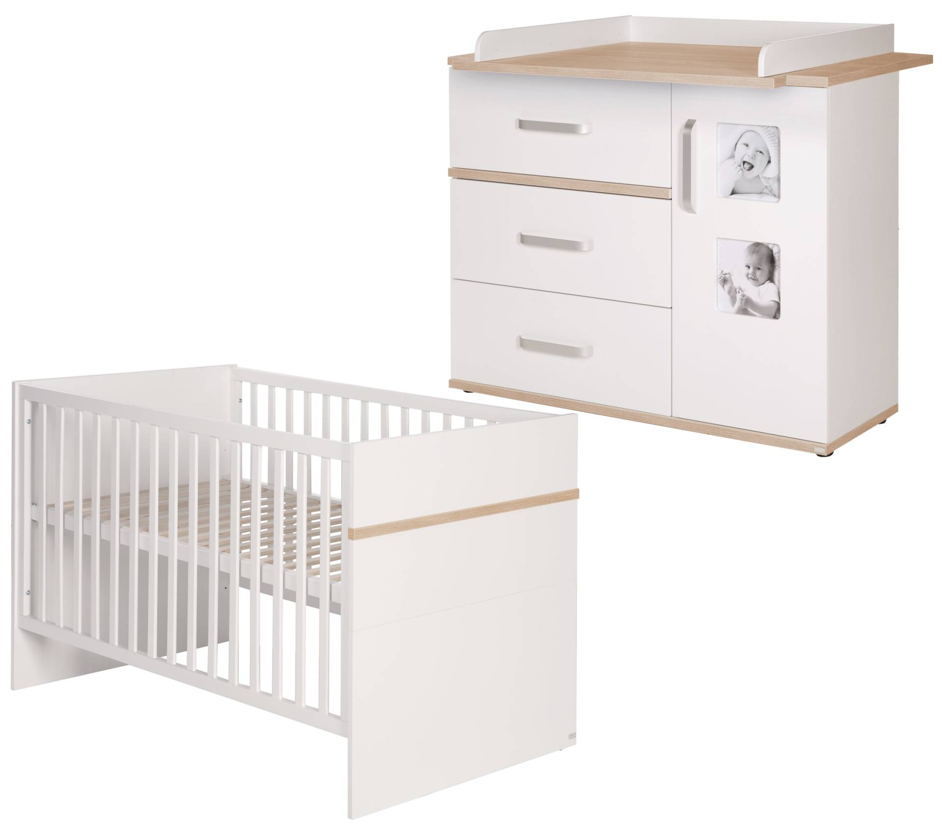 roba Babymöbel-Set 'Pia', 2-tlg, inkl. Kombi-Bett 70 x 140 cm & breiter Wickelkommode, Weiß / San Remo Eiche
