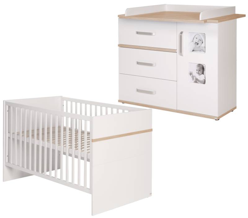 roba Babymöbel-Set 'Pia', 2-tlg, inkl. Kombi-Bett 70 x 140 cm & breiter Wickelkommode, Weiß / San Remo Eiche