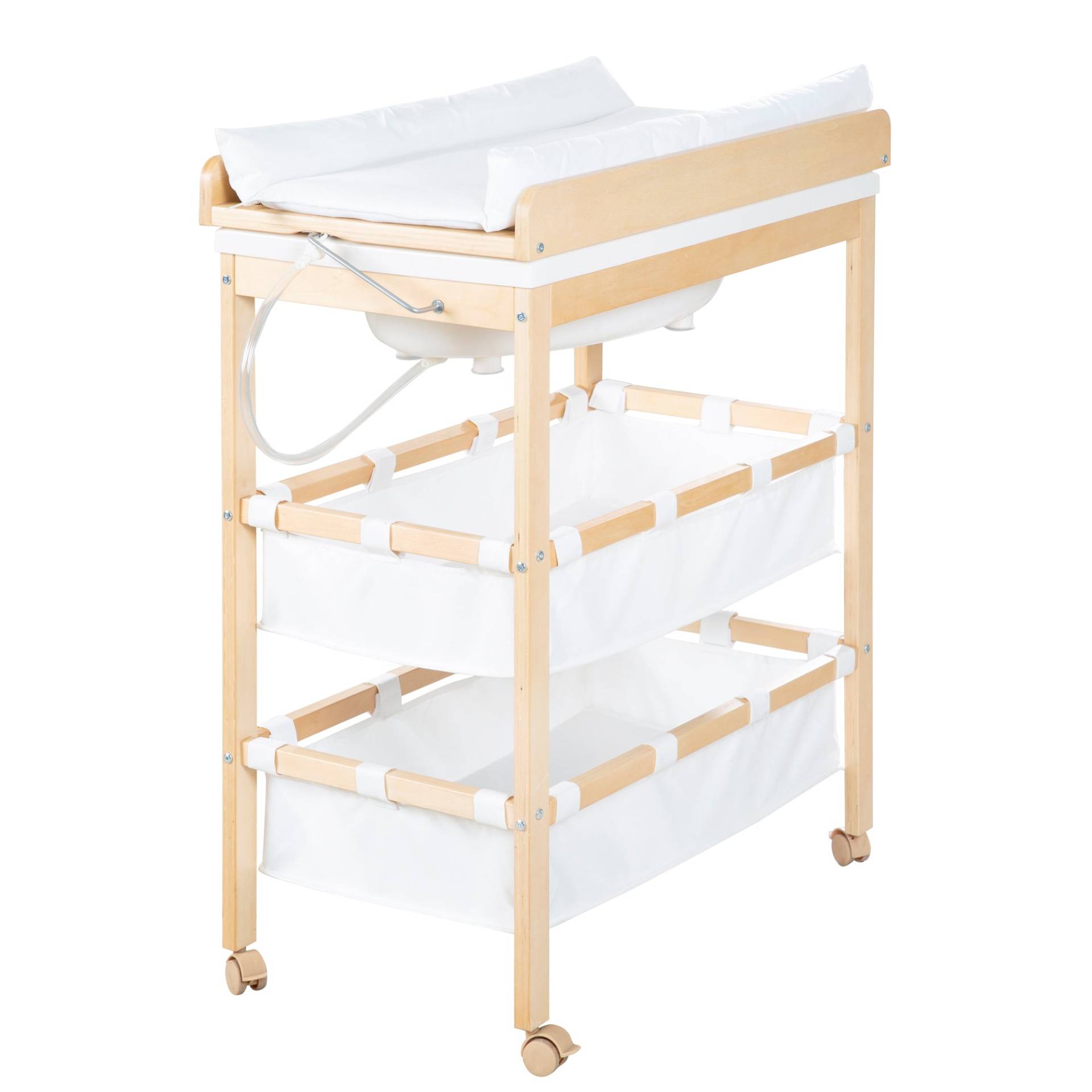 roba Bade-Wickel-Kombi 'Baby Pool', klappbarer Tisch mit Wanne, Holz natur, Wickelauflage weiß