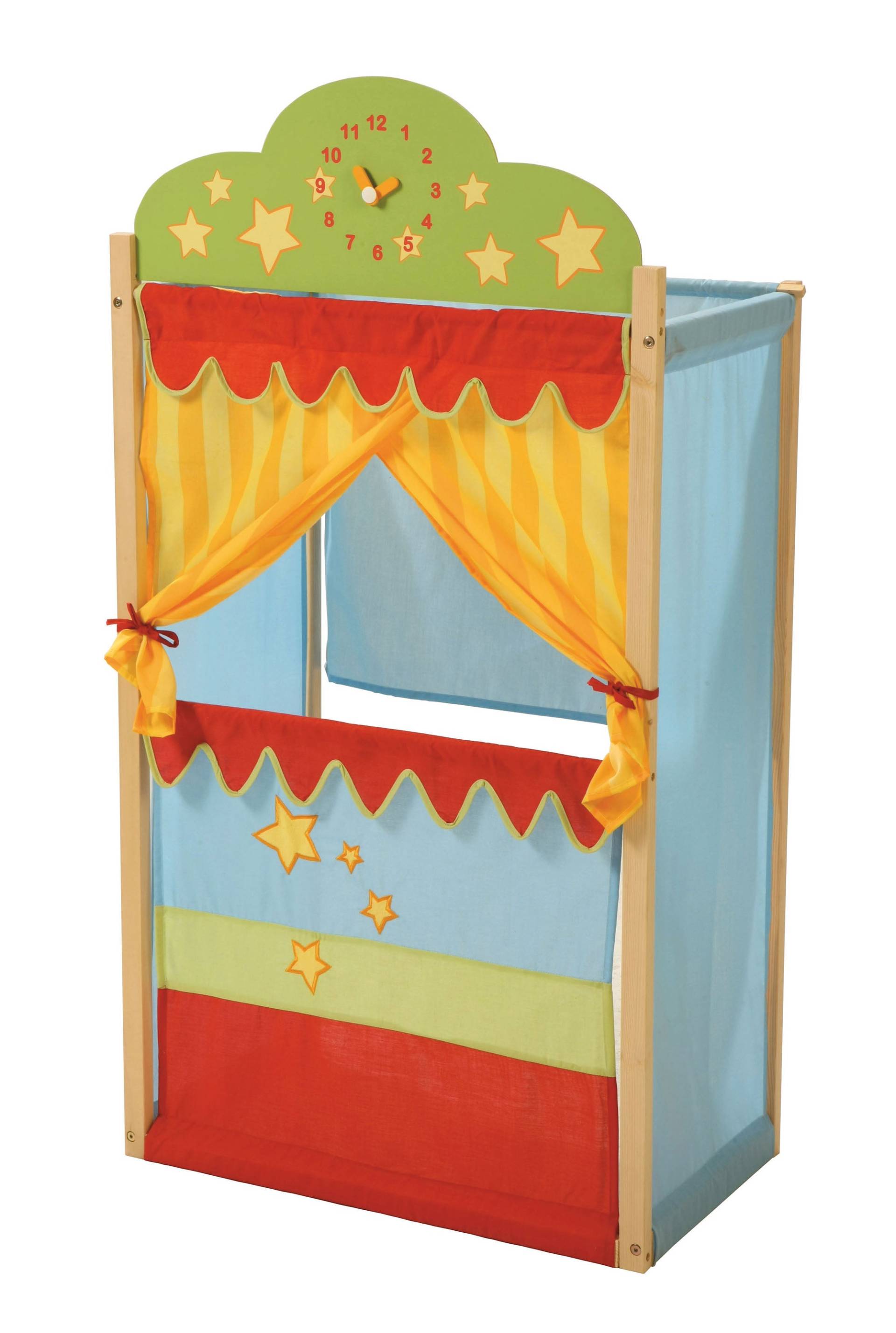 roba Kasperletheater, Puppentheater mit Uhr, Stand-Kaspertheater aus Massivholz mit Stoffbespannung
