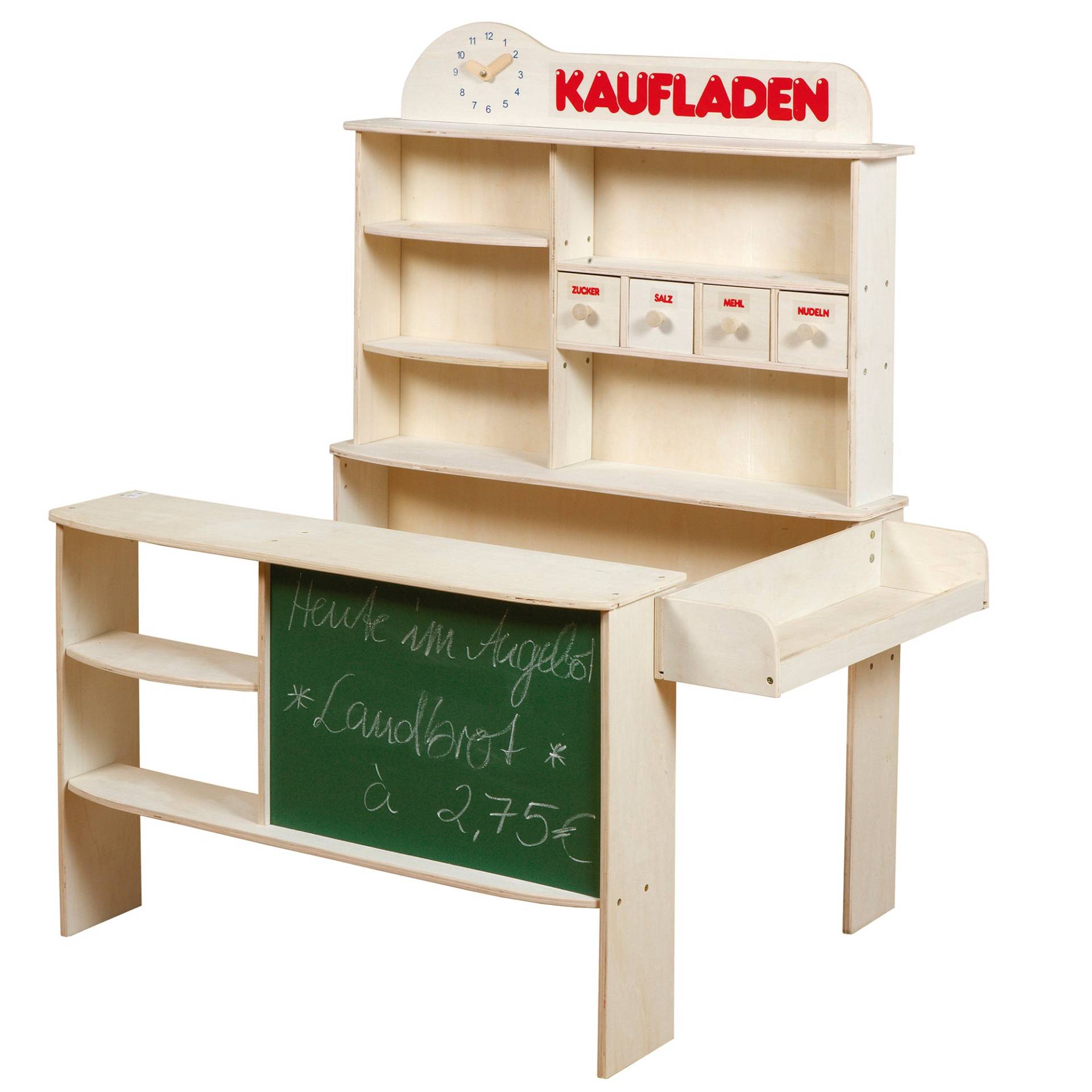 roba Kaufladen, Holz natur, Verkaufsstand mit 4 Schubladen, Uhr, Tafel, Theke & Seitentheke