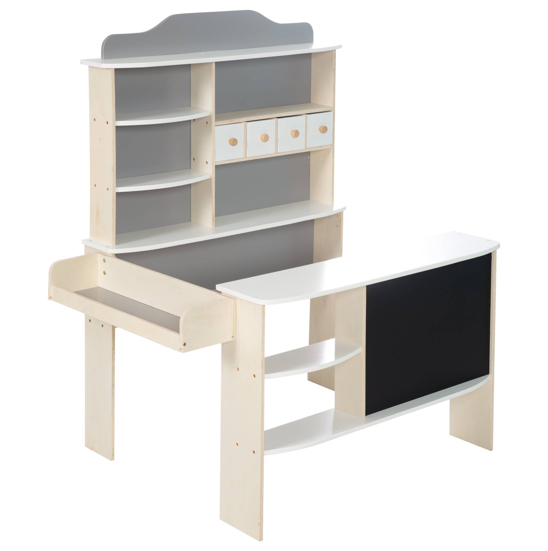roba Kaufladen, Holz natur, weiß/grau lackiert, 4 Schubladen, Tafel, Theke & Seitentheke
