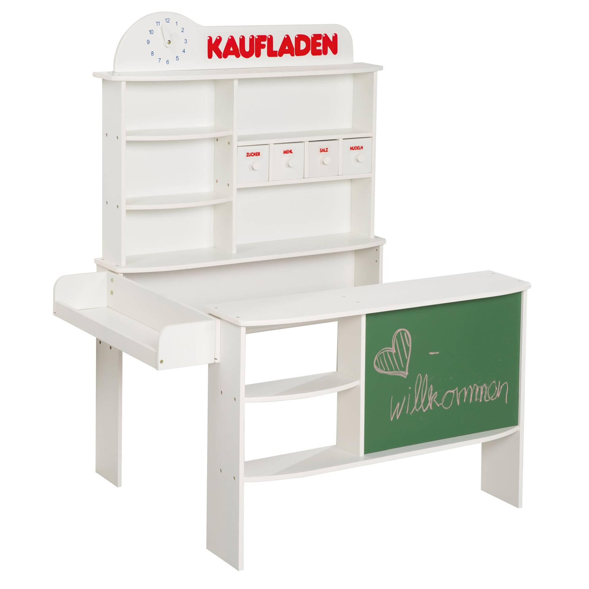 roba Kaufladen, Holz weiß, Verkaufsstand, 4 Schubladen, Uhr, Tafel, Theke, Seitentheke