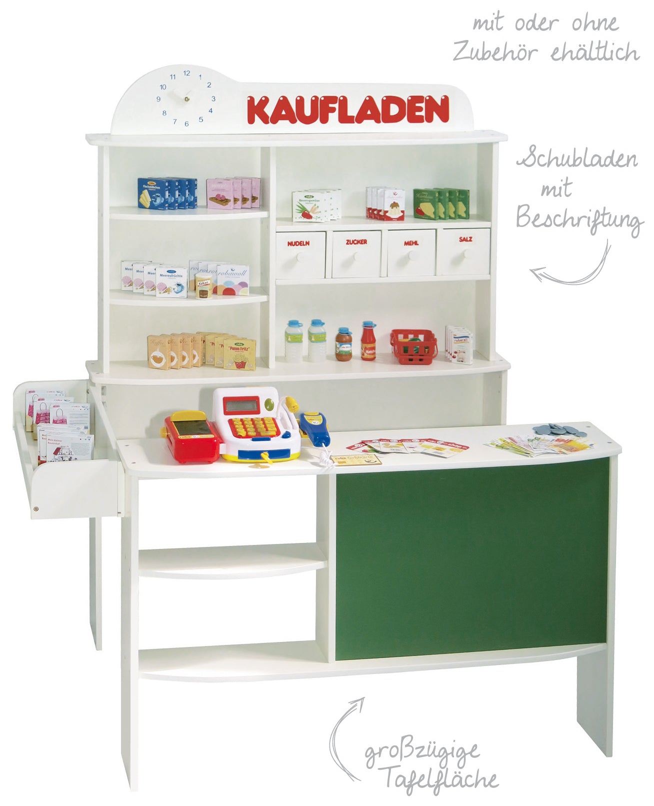 roba Kaufladen, Holz weiß, Verkaufsstand, 4 Schubladen, Uhr, Tafel, Theke, Seitentheke