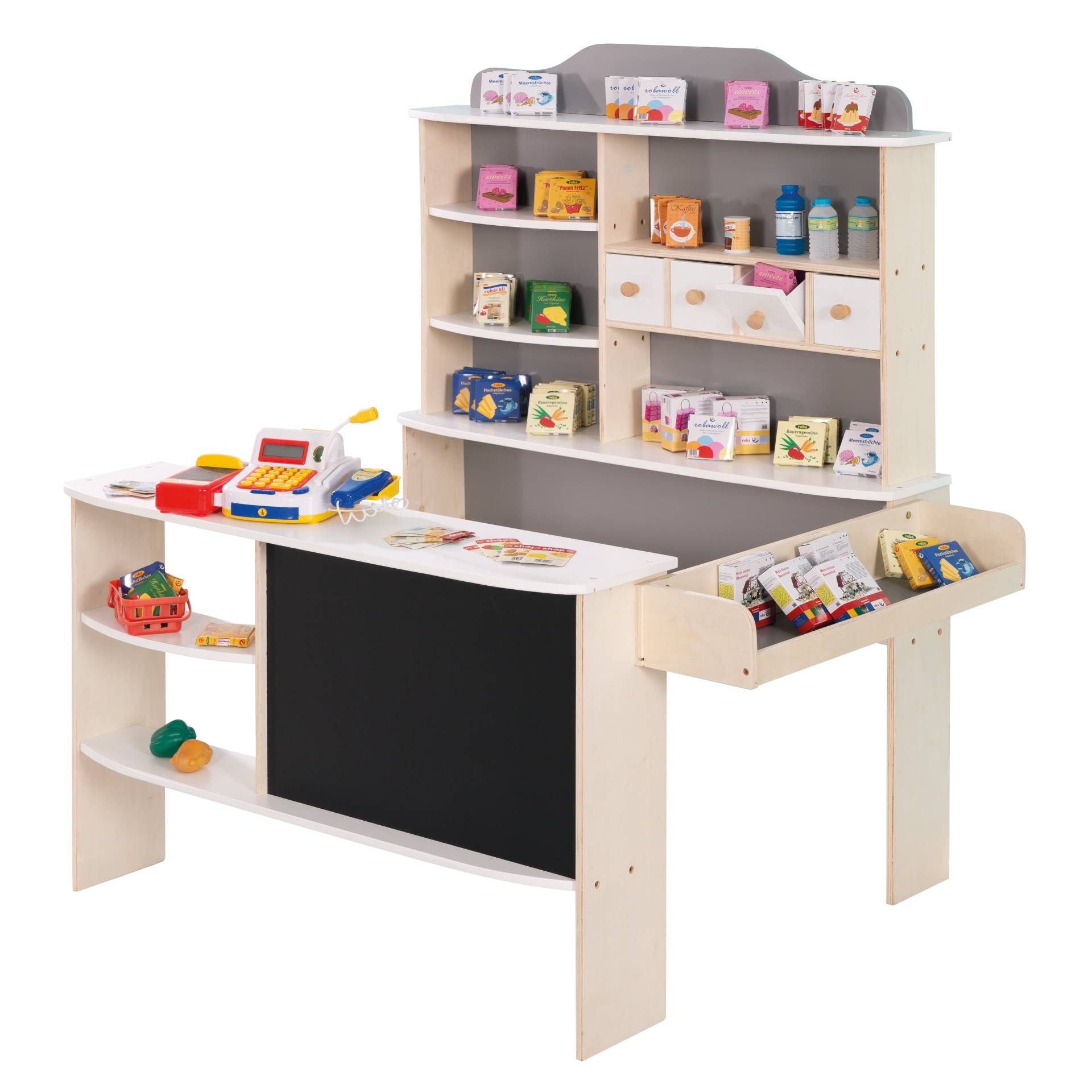 roba Kaufladen, inkl. Zubehör, natur, weiß/grau, 4 Schubladen, Uhr, Tafel, Theke & Seitentheke
