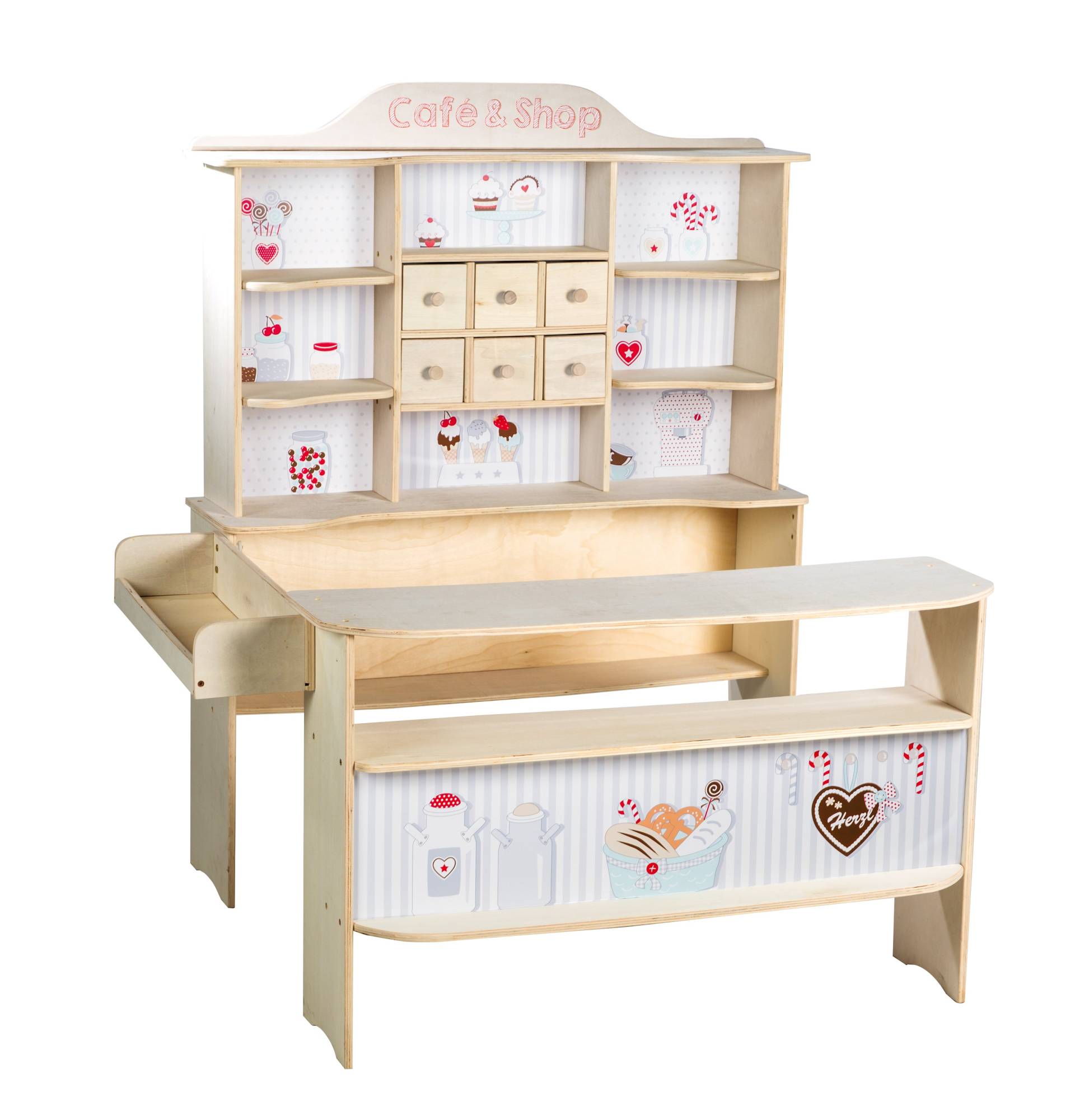 roba Kaufladen 'Café & Shop', Holz natur, 6 Schubladen, Seitentheke & Theke mit Bedruckung