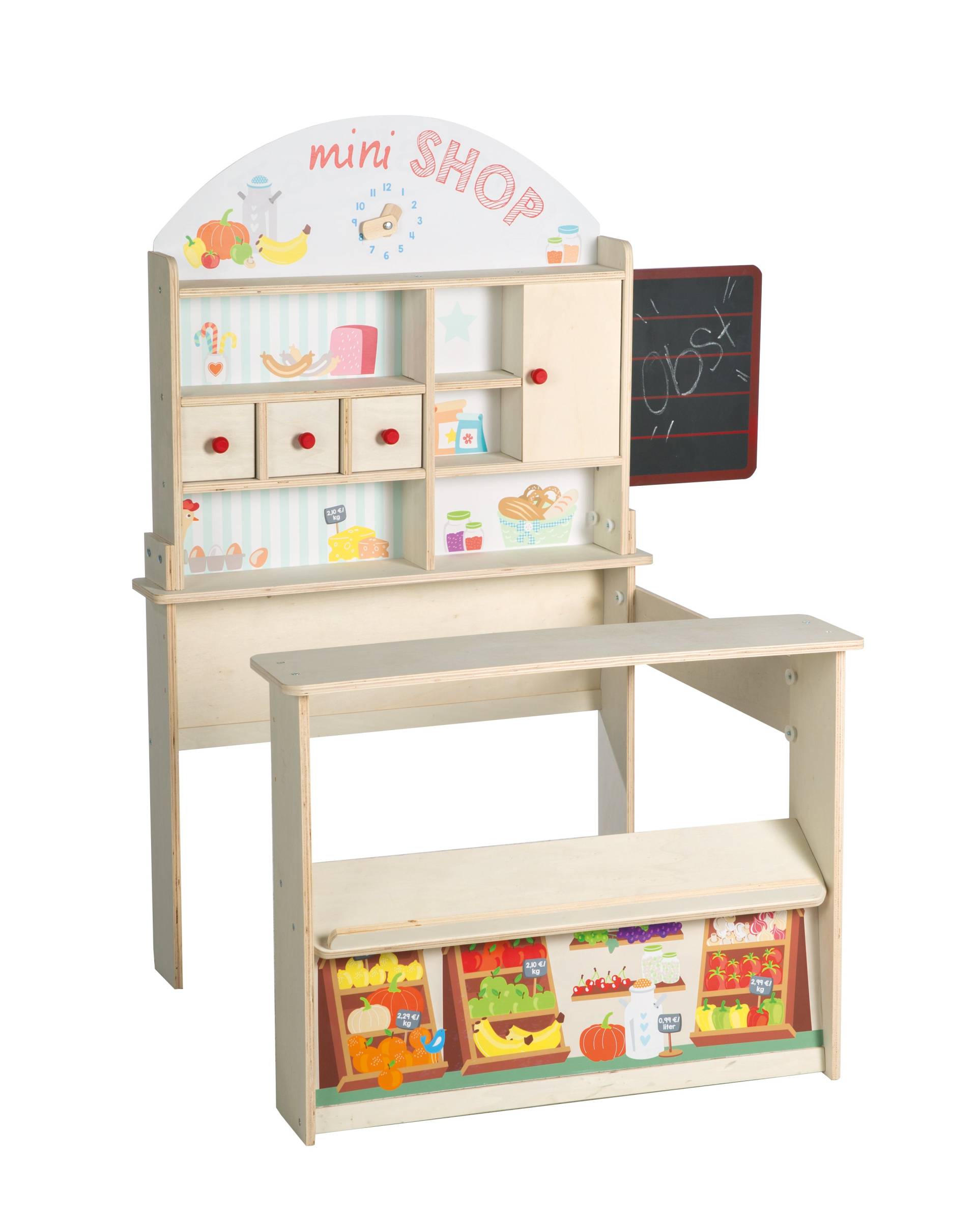 roba Kaufladen 'Minishop', Holz natur, mit Theke, Tafel, Schiebetür & Markststand-Druck