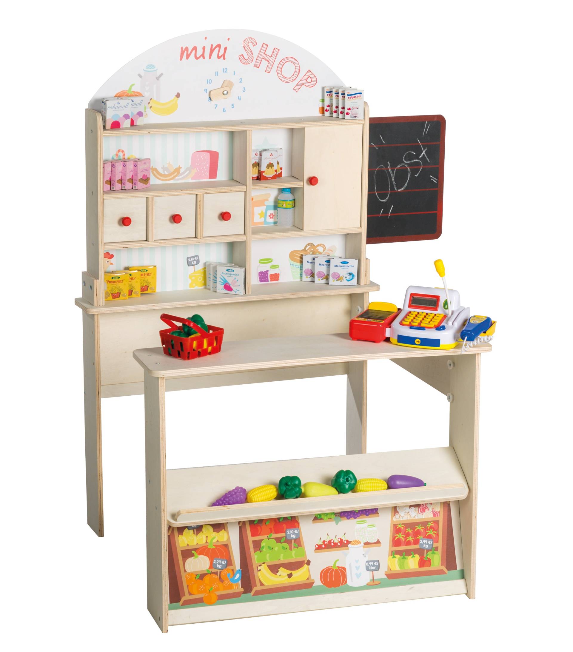 roba Kaufladen 'Minishop', Holz natur, mit Theke, Tafel, Schiebetür & Markststand-Druck