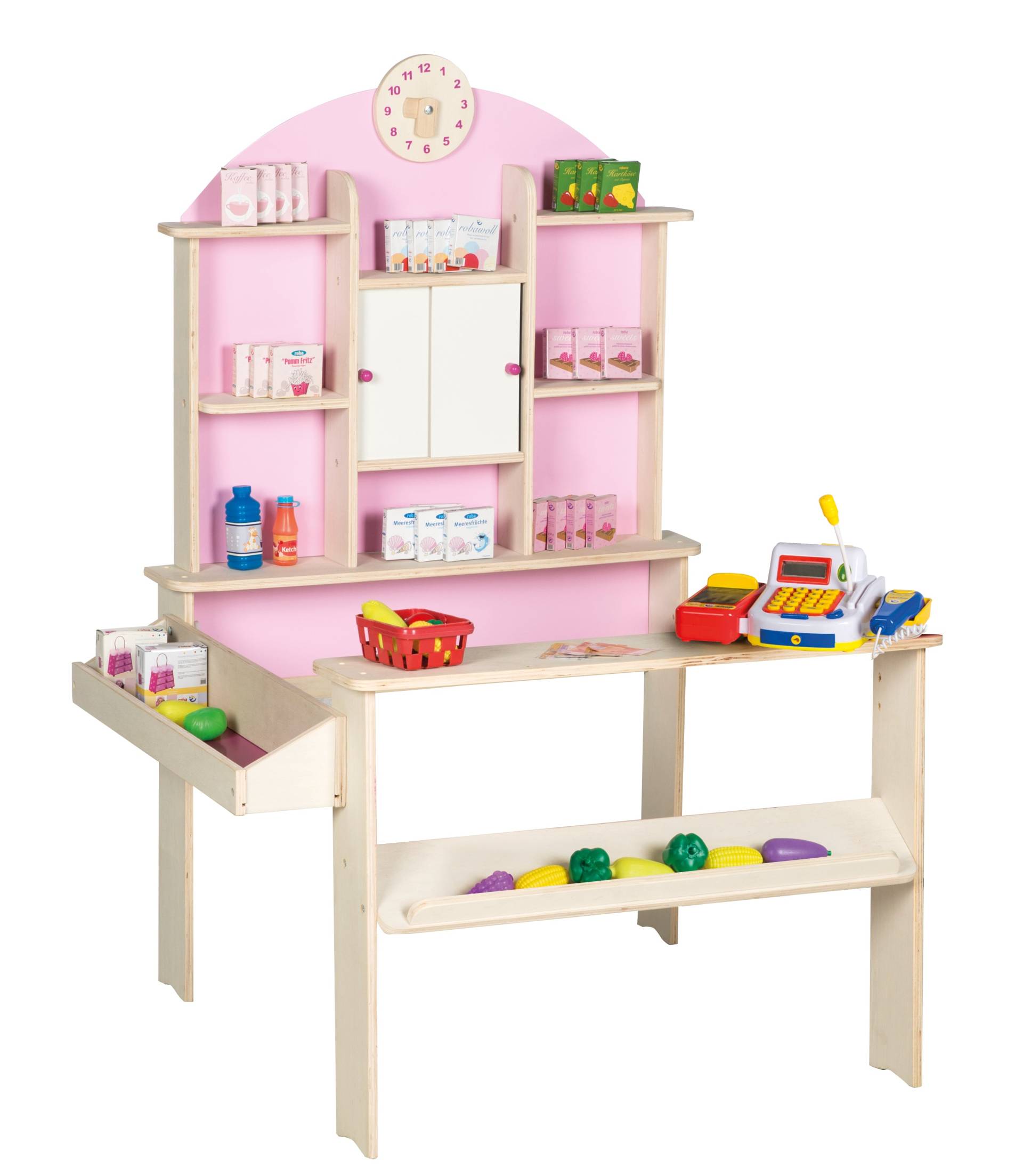 roba Kaufladen in Holz natur, inkl. Seitentheke, Uhr, Rückwand in rosa & weißen Schiebetüren