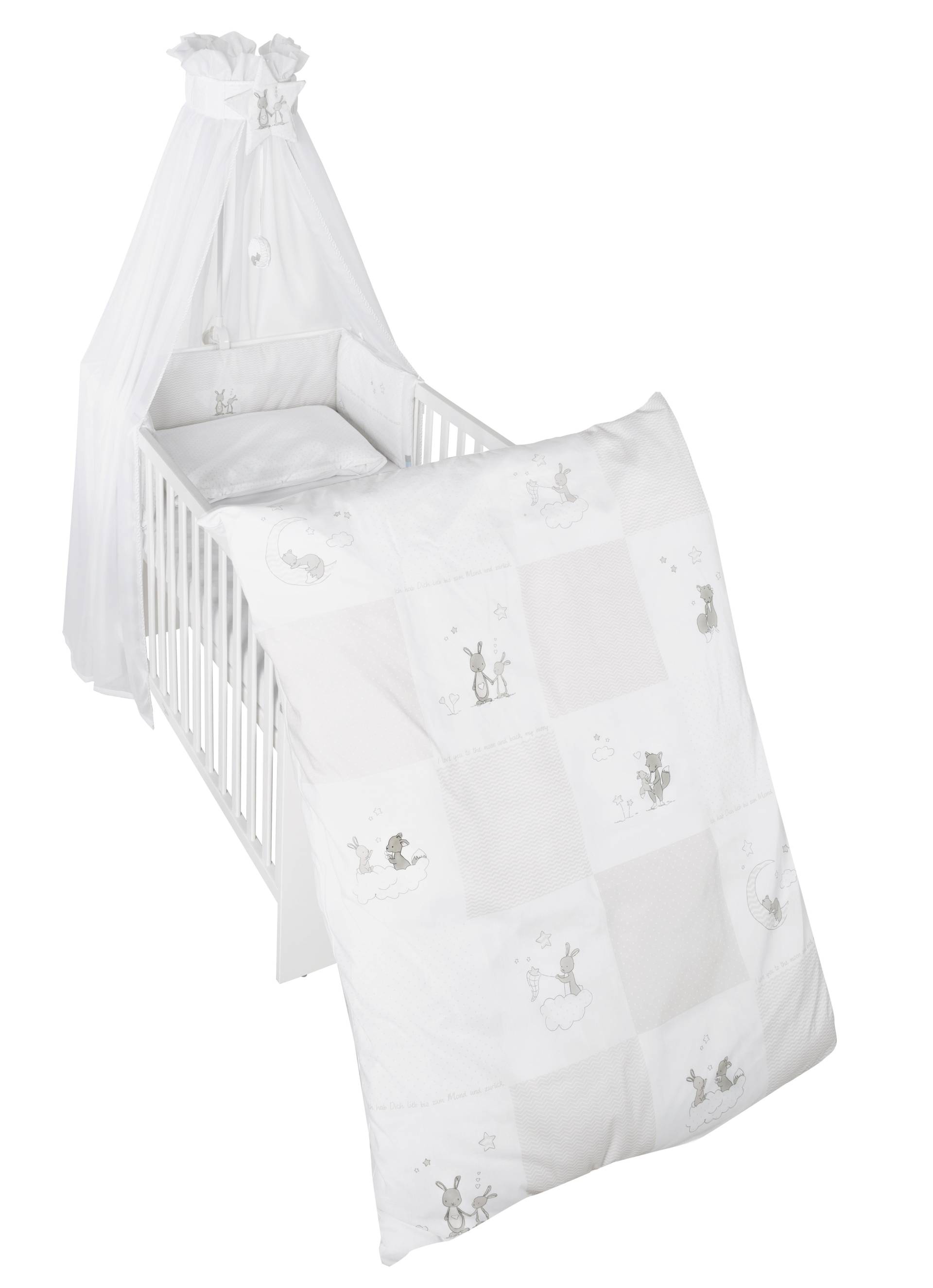 roba Kinderbettgarnitur 'Fox & Bunny', 4-tlg, Bettset mit Bettwäsche 100 x 135 cm, Nestchen & Himmel