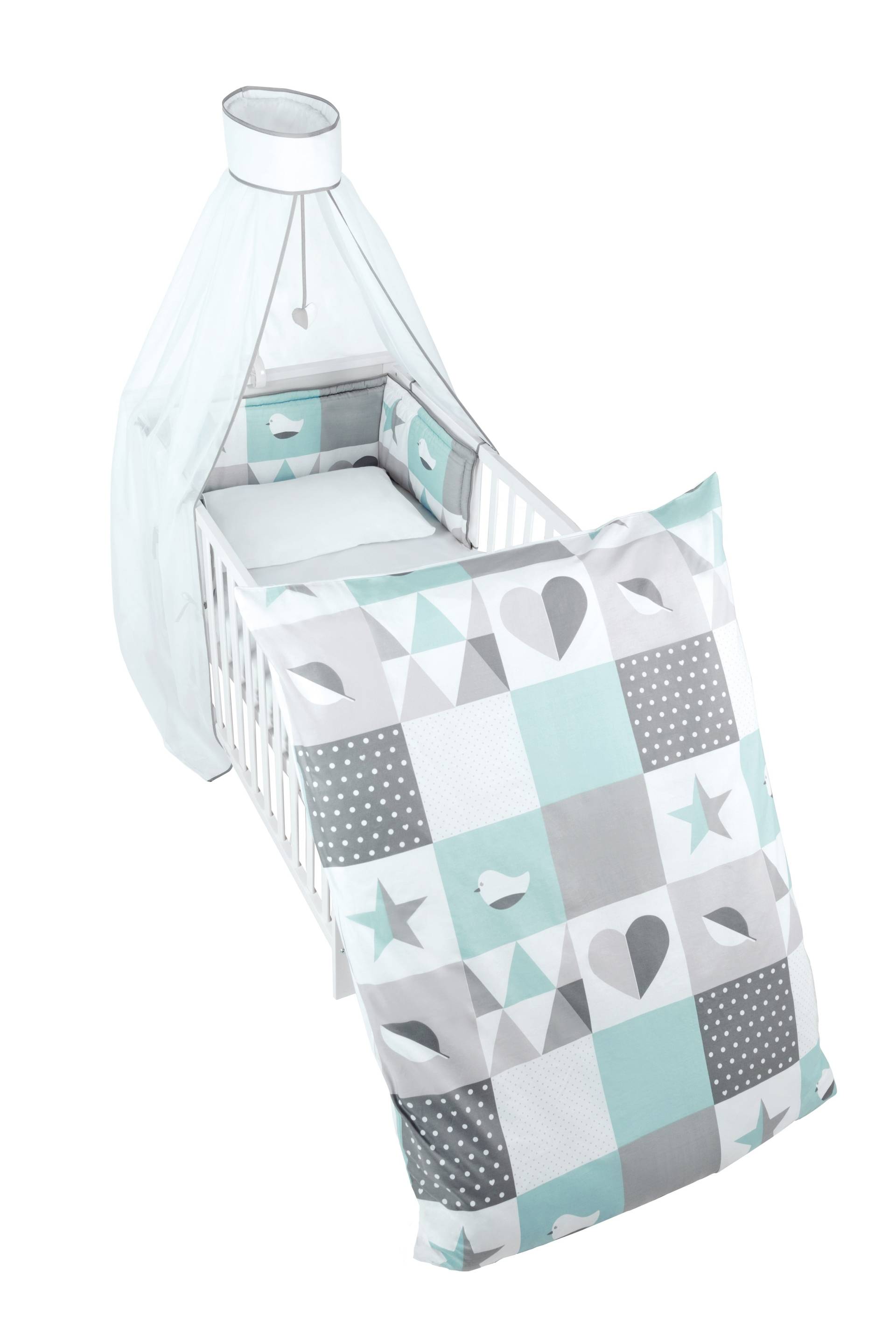 roba Kinderbettgarnitur 'Happy Patch mint', 4-tlg Bettwäsche 100 x 135 cm, Nest & Himmel