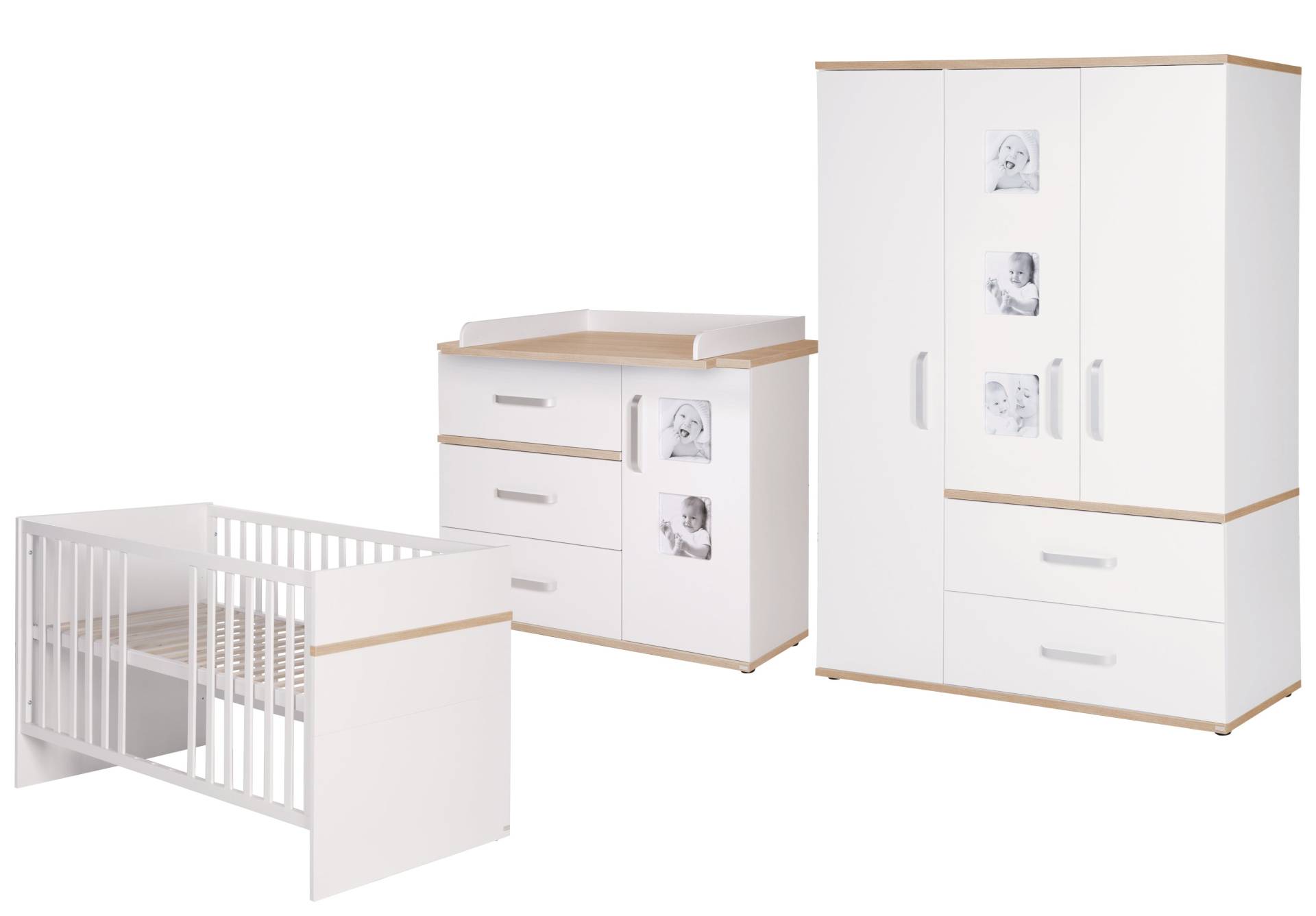 roba Kindermöbelset 'Pia', 3-teilig, inkl. Babybett 70 x 140 cm, Wickelkommode & Kleiderschrank, weiß