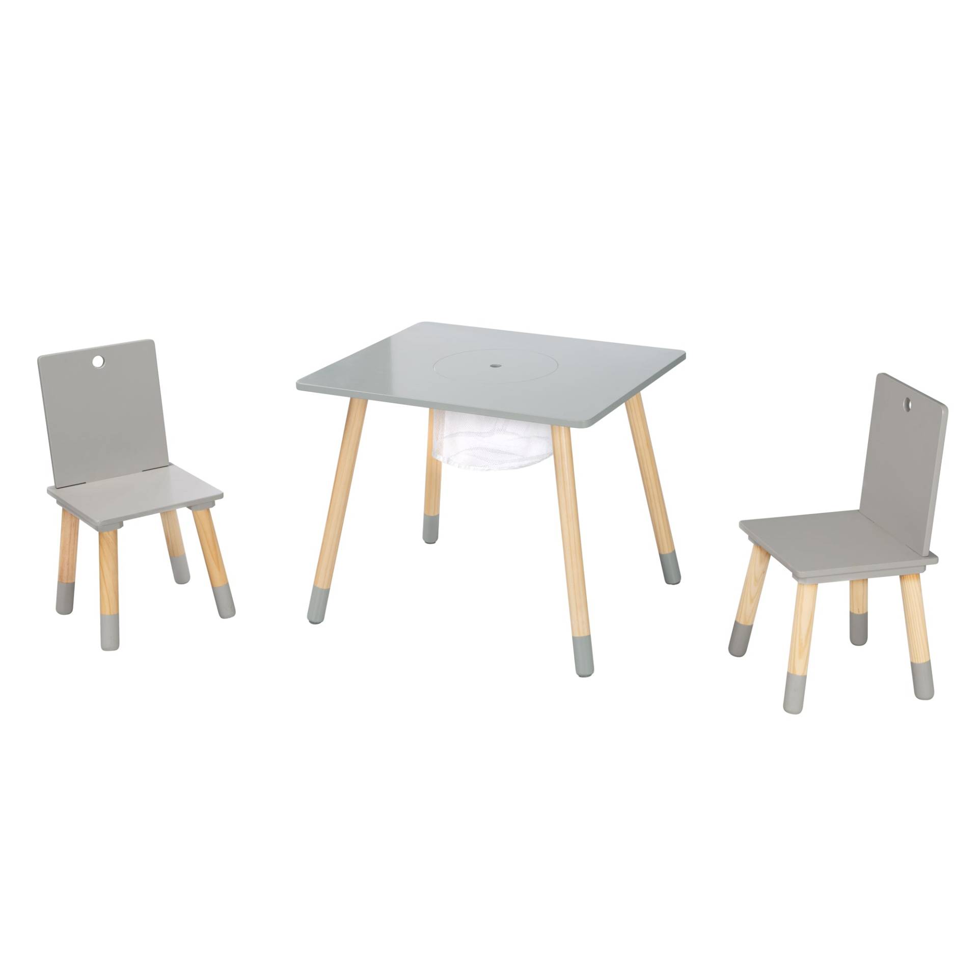 roba Kindersitzgruppe, Set aus Stühlen und Tisch, Holz grau lackiert, inkl. Aufbewahrungsnetz