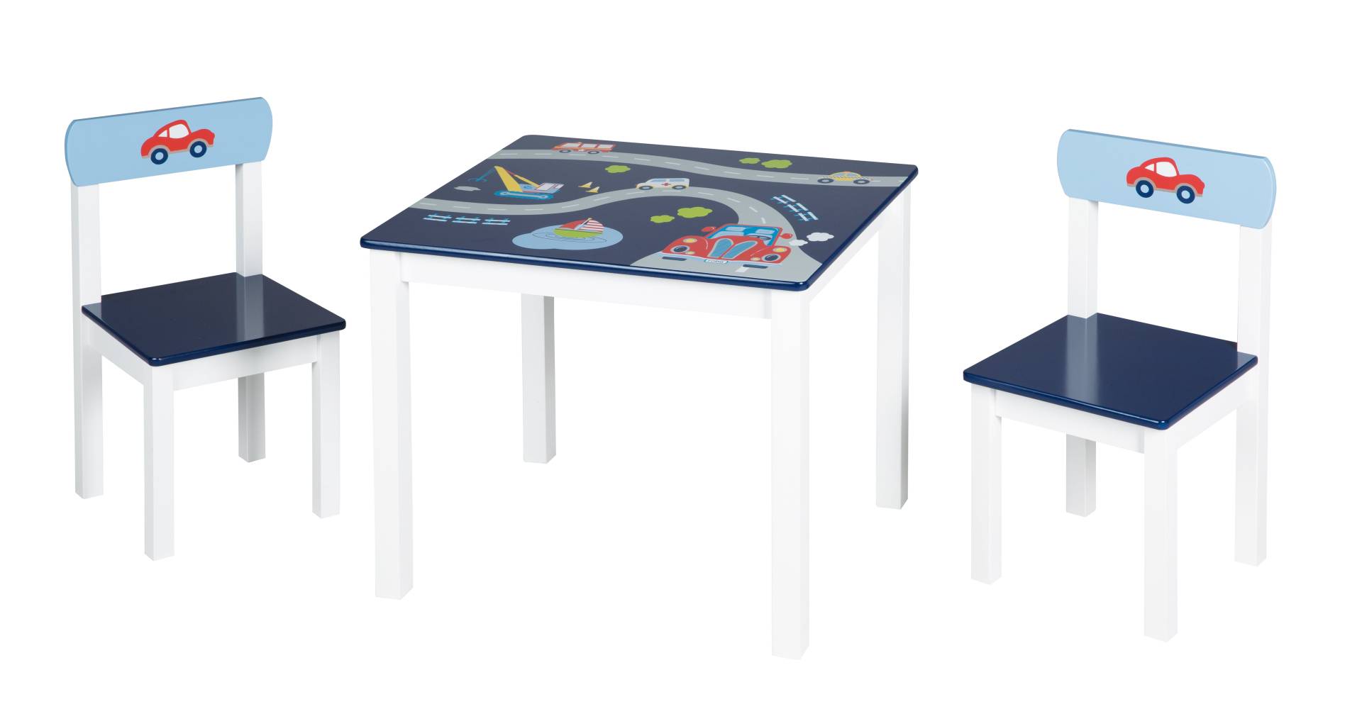 roba Kindersitzgruppe 'Rennfahrer', 2 Kinderstühle & 1 Tisch, mit Fahrzeug-Motiven in blau