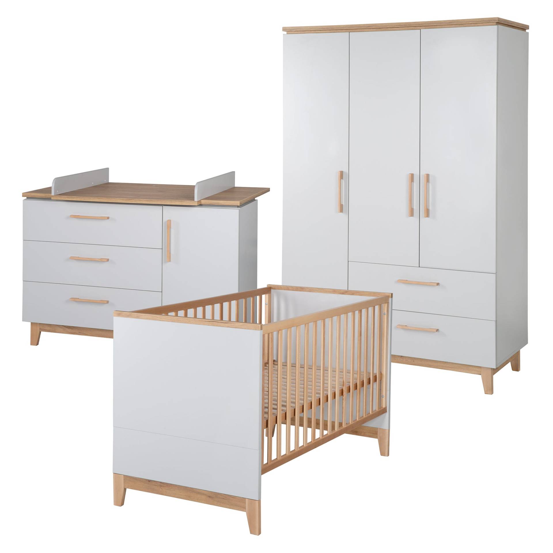roba Kinderzimmerset 'Caro', inkl. Kombi-Bett 70 x 140 cm, Wickelkommode & 3-türigem Schrank, Lichtgrau/Goldeiche