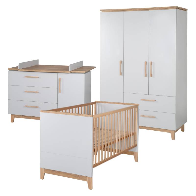 roba Kinderzimmerset 'Caro', inkl. Kombi-Bett 70 x 140 cm, Wickelkommode & 3-türigem Schrank, Lichtgrau/Goldeiche