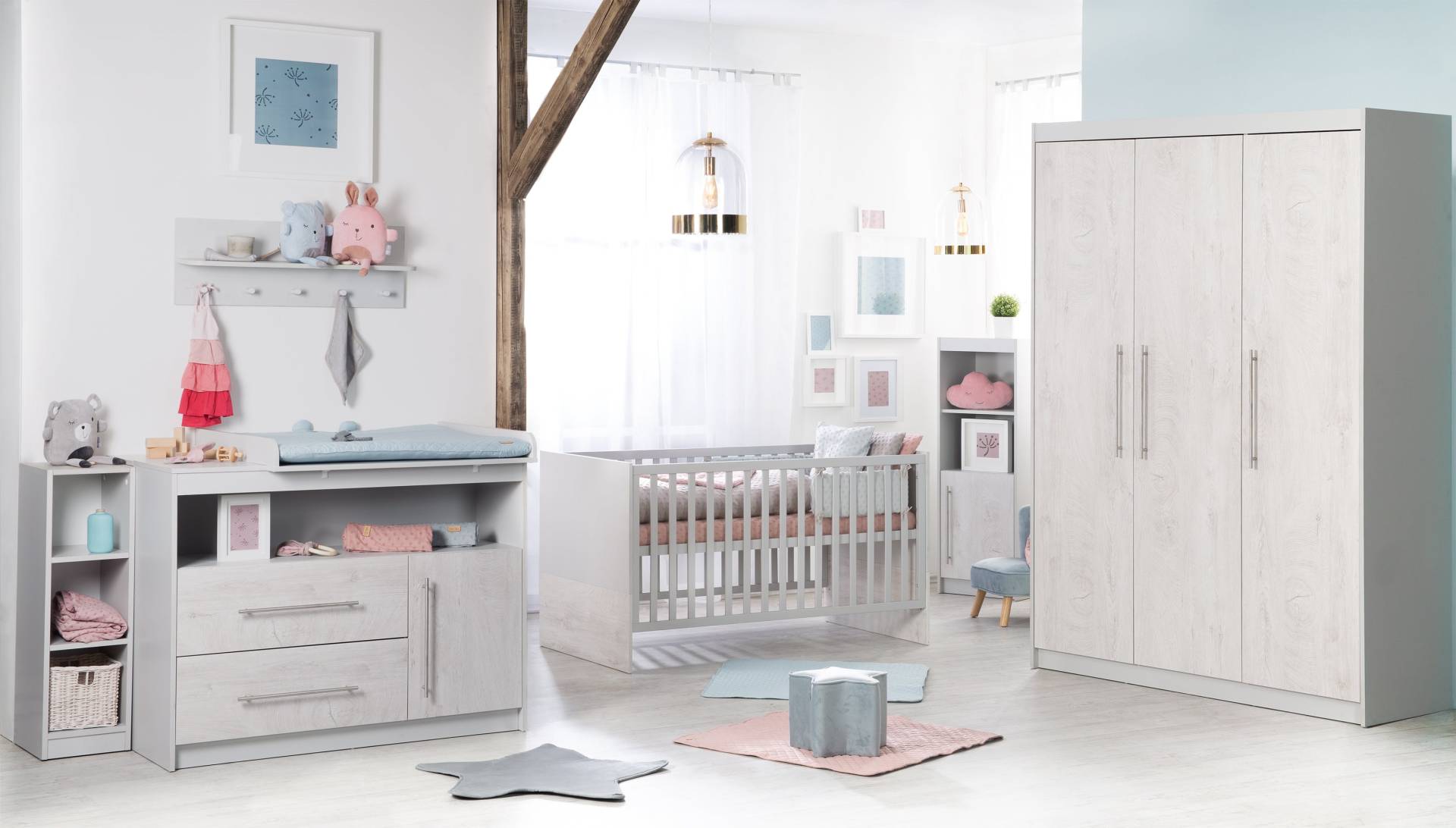 roba Kinderzimmerset 'Maren 2', inkl. Kombi-Bett 70 x 140 cm, Wickelkommode breit & 3-türigem Schrank, Lichtgrau/Gekalkte Eiche