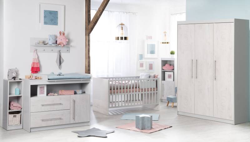 roba Kinderzimmerset 'Maren 2', inkl. Kombi-Bett 70 x 140 cm, Wickelkommode breit & 3-türigem Schrank, Lichtgrau/Gekalkte Eiche