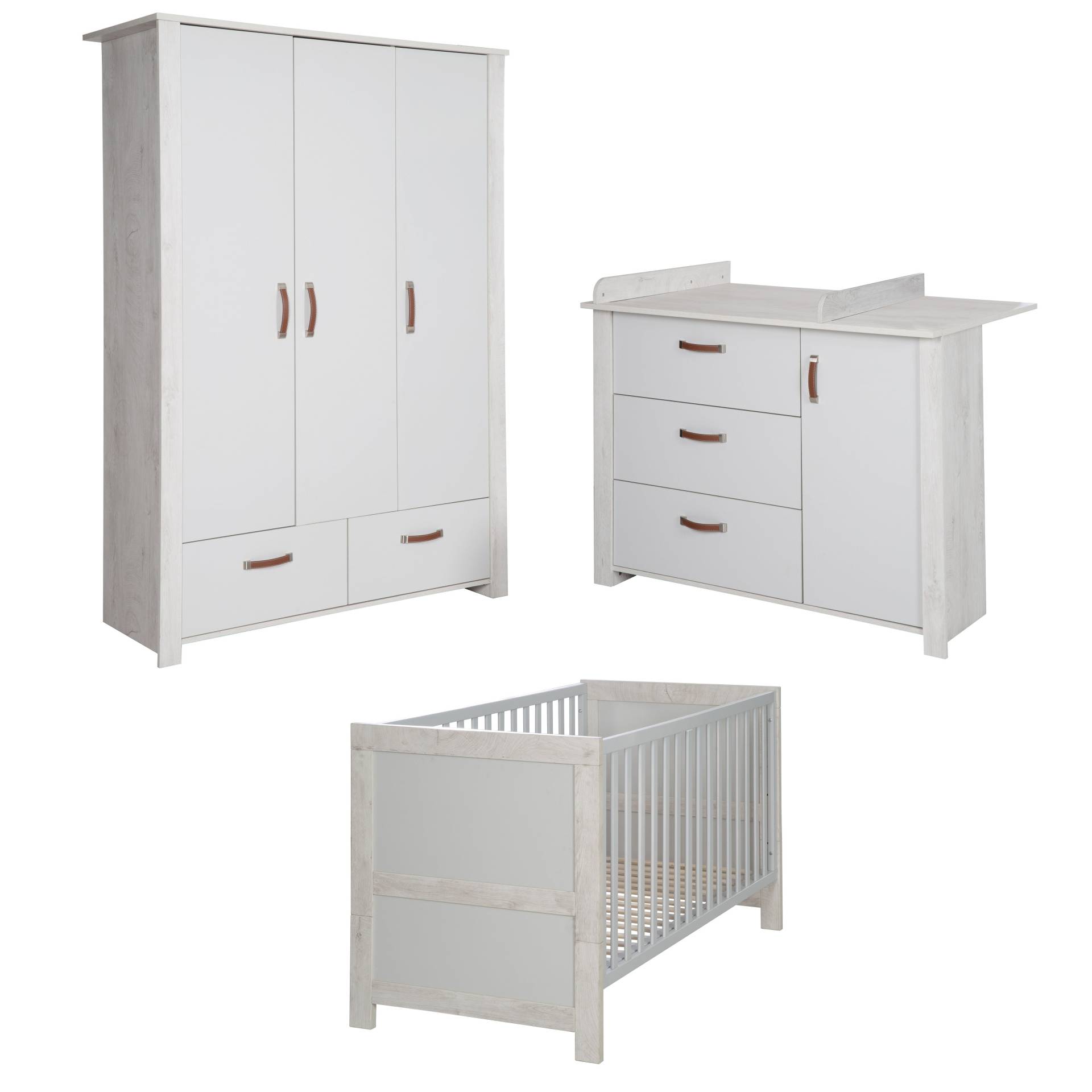 roba Kinderzimmerset 'Mila', inkl. Kombi-Bett 70 x 140 cm, Wickelkommode & 3-türigem Schrank, grau/weiß