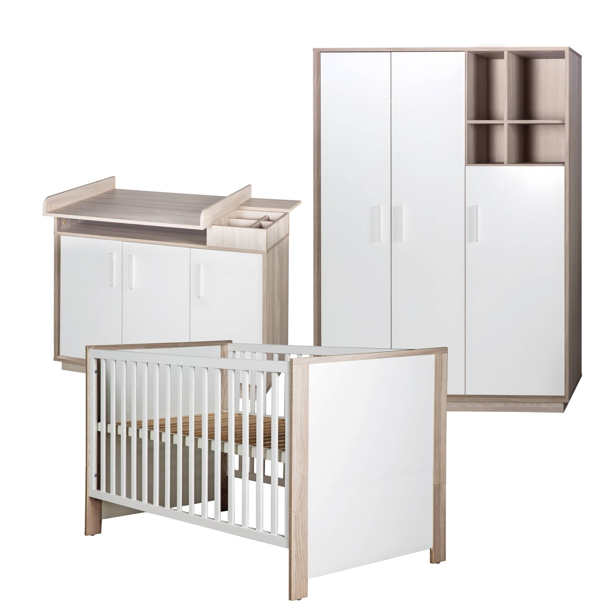 roba Kinderzimmerset 'Olaf' inkl. Kombi-Bett 70 x 140 cm, Wickelkommode & 3-türigem Schrank, Luna Elm/weiß