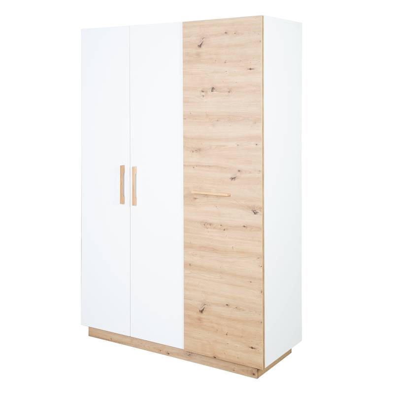 roba Kleiderschrank 'Lion' 3-türig - Weiß / Holzdekor 'Artisan Eiche' - Griffe aus massiver Eiche