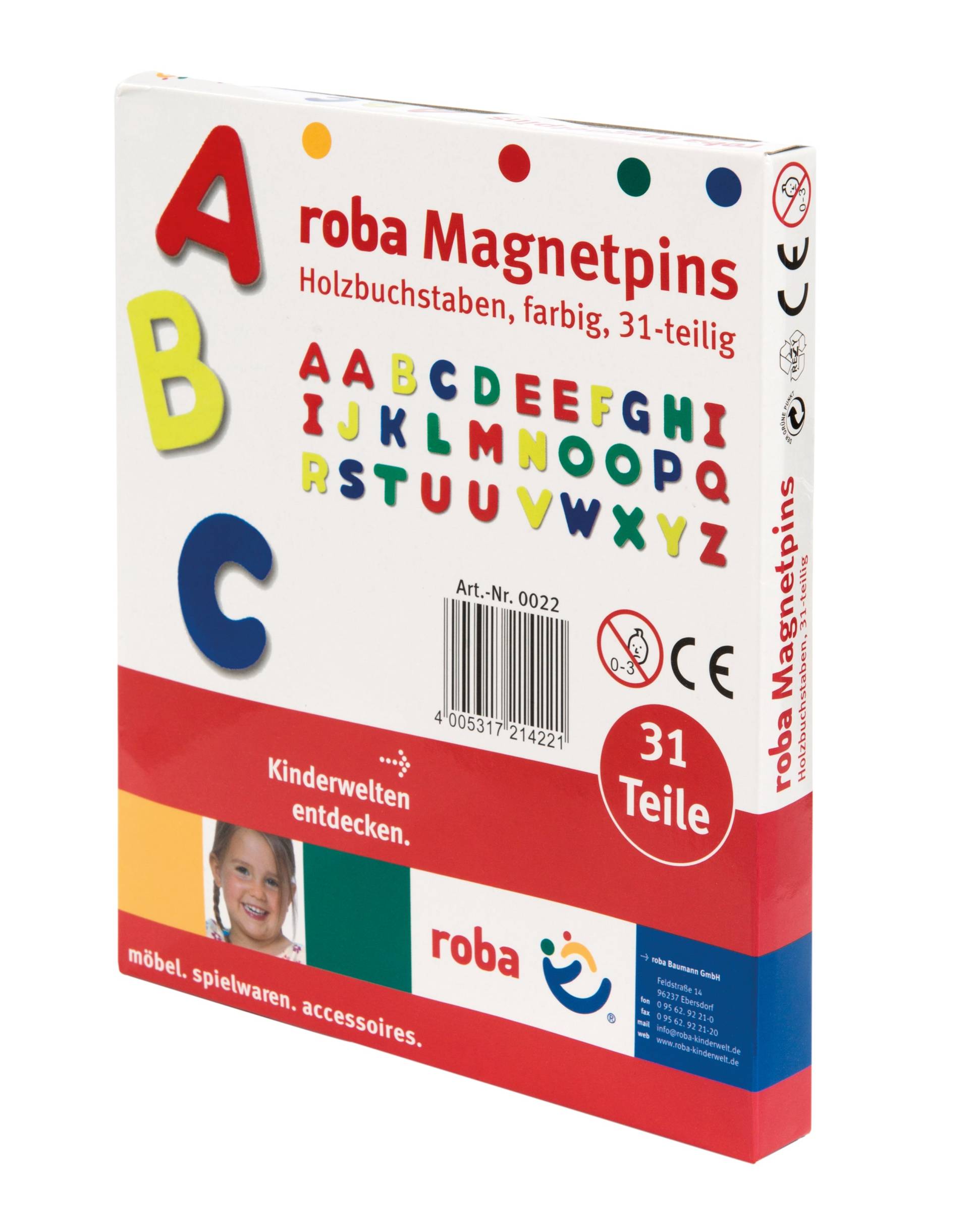 roba Magnetbuchstaben, ABC Set 31 tlg, Magnetpins aus Holz, Schul-Spielzeug für Kinder