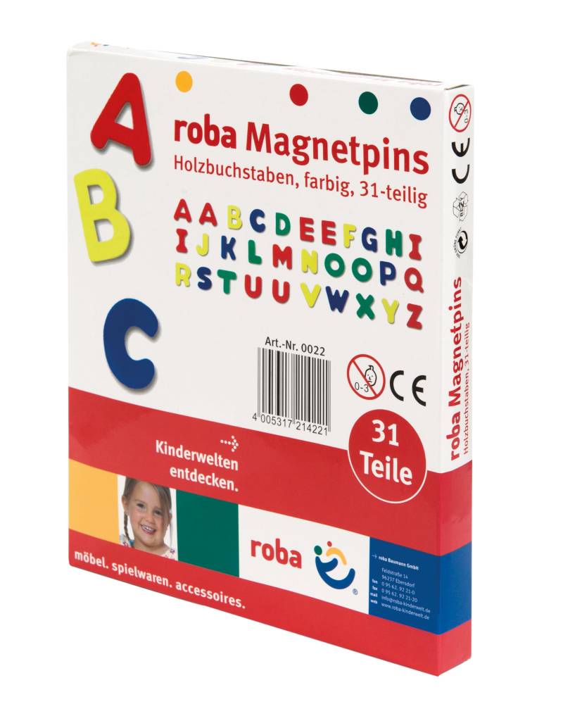 roba Magnetbuchstaben, ABC Set 31 tlg, Magnetpins aus Holz, Schul-Spielzeug für Kinder