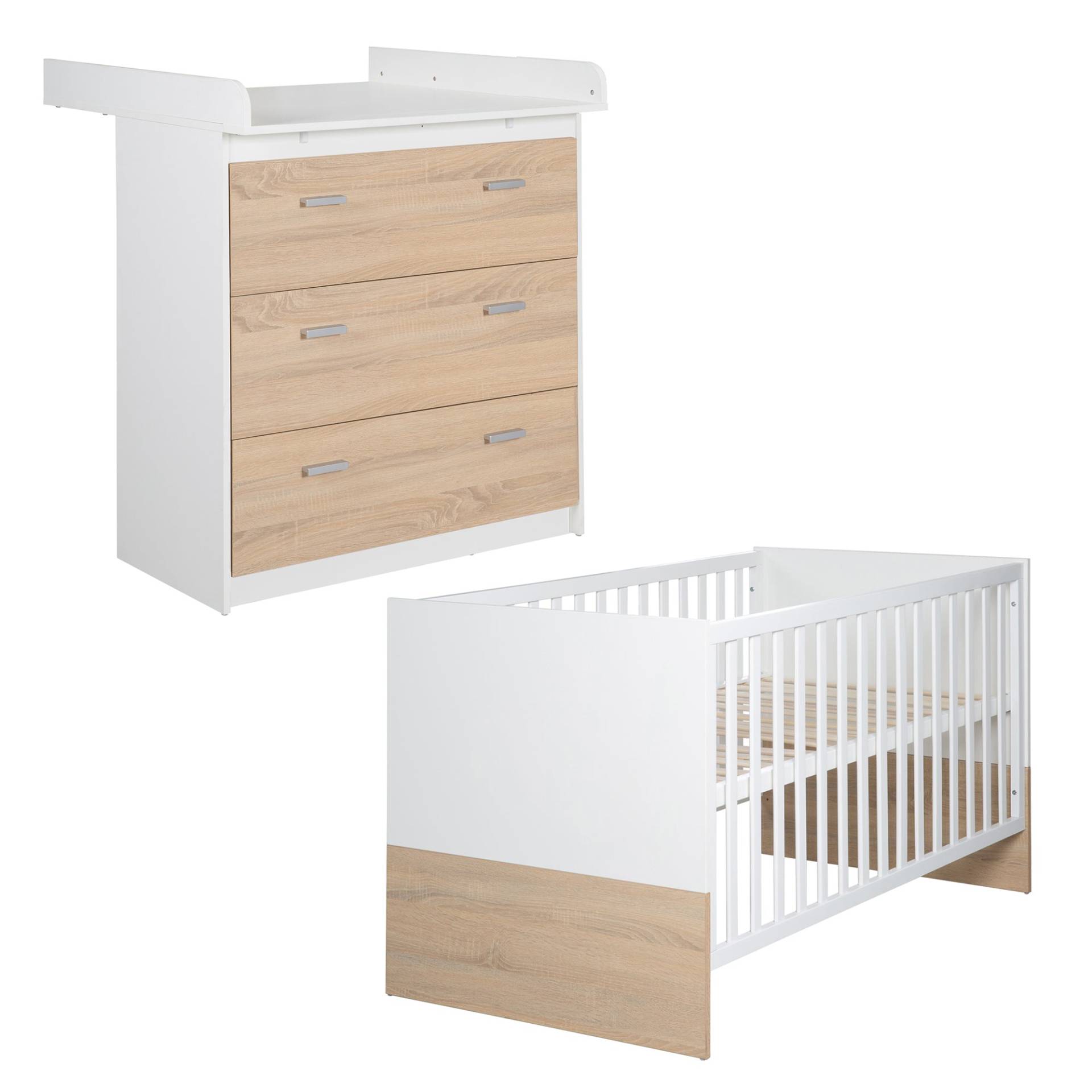 roba Möbelset 'Gabriella' 2-teilig - Bett 70x140 + Wickelkommode schmal - Weiß & Dekor Eiche