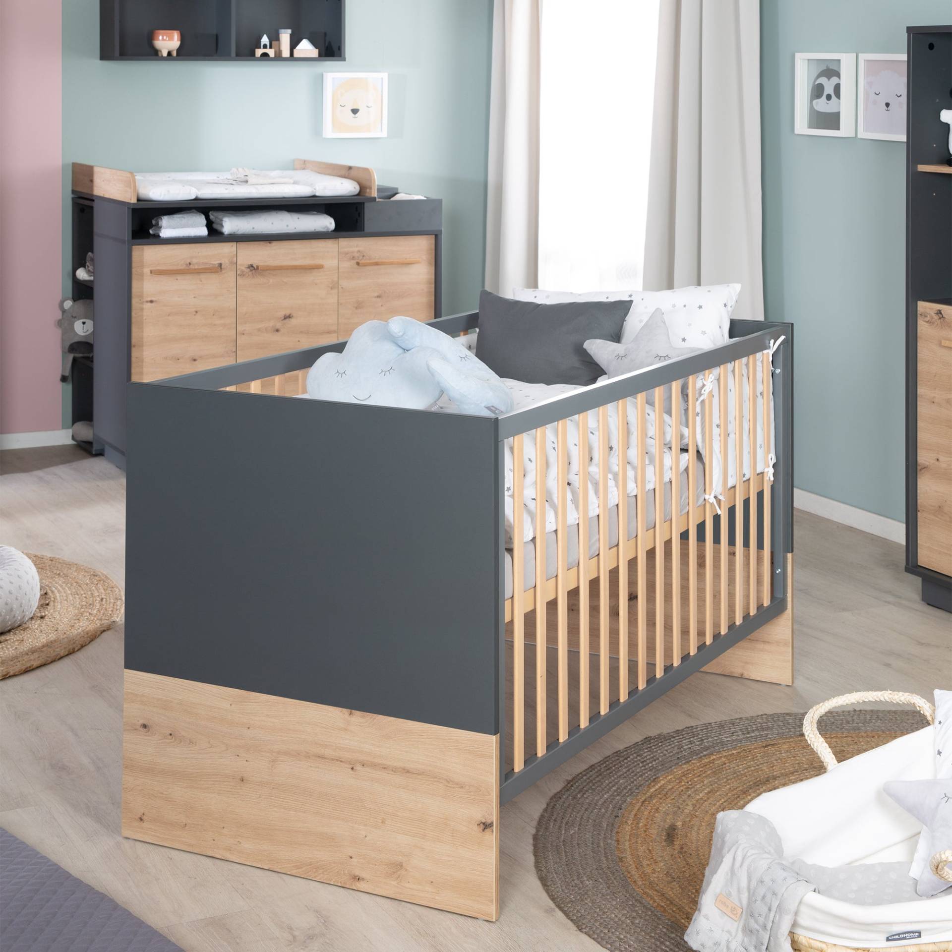 roba Möbelset 'Lenn' - Kombi-Kinderbett 70x140 + Wickelkommode - Anthrazit - Dekor 'Artisan Eiche'