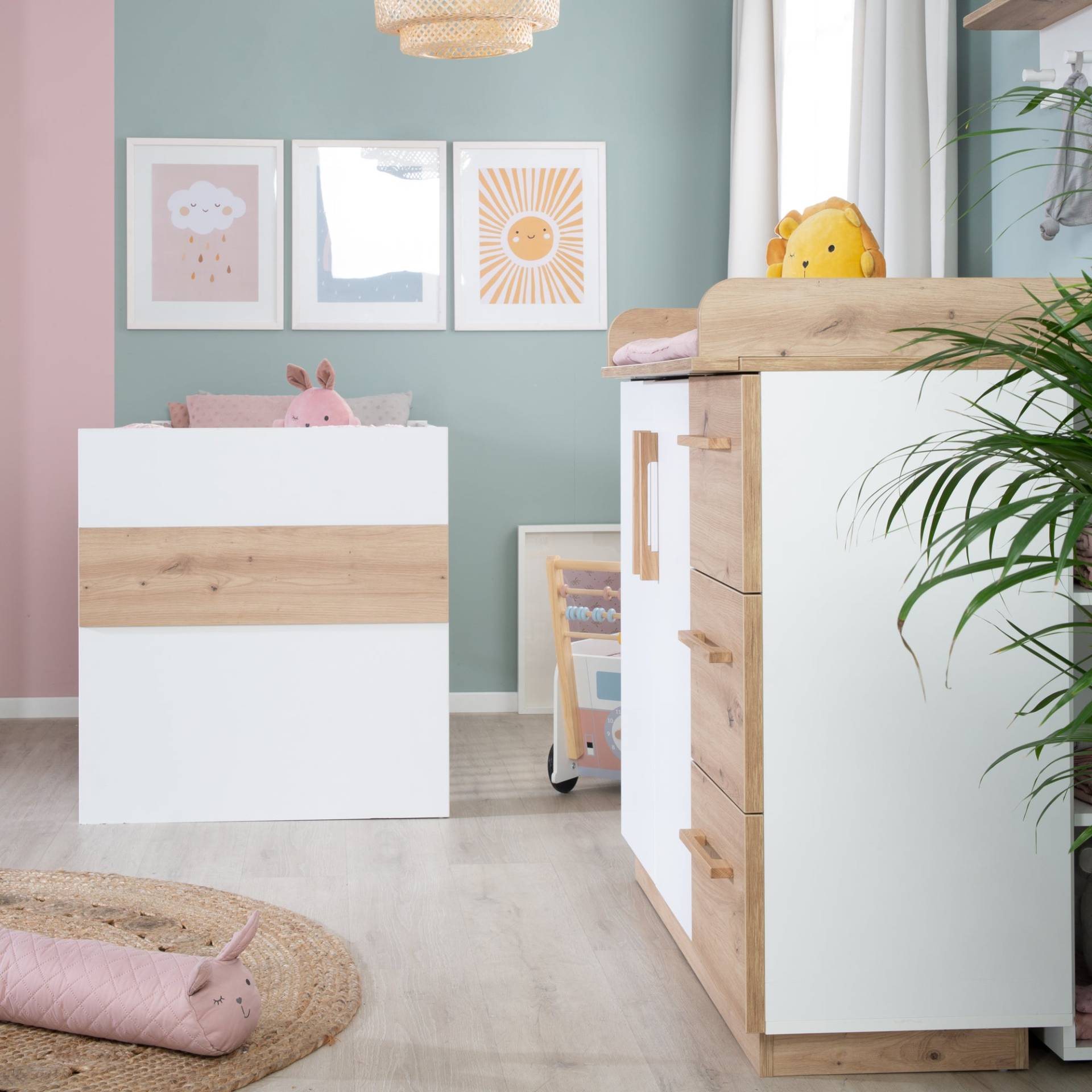 roba Möbelset 'Lion 2-teilig - Kombi-Kinderbett 70x140 + Wickelkommode breit - Weiß - Dekor 'Artisan Eiche'