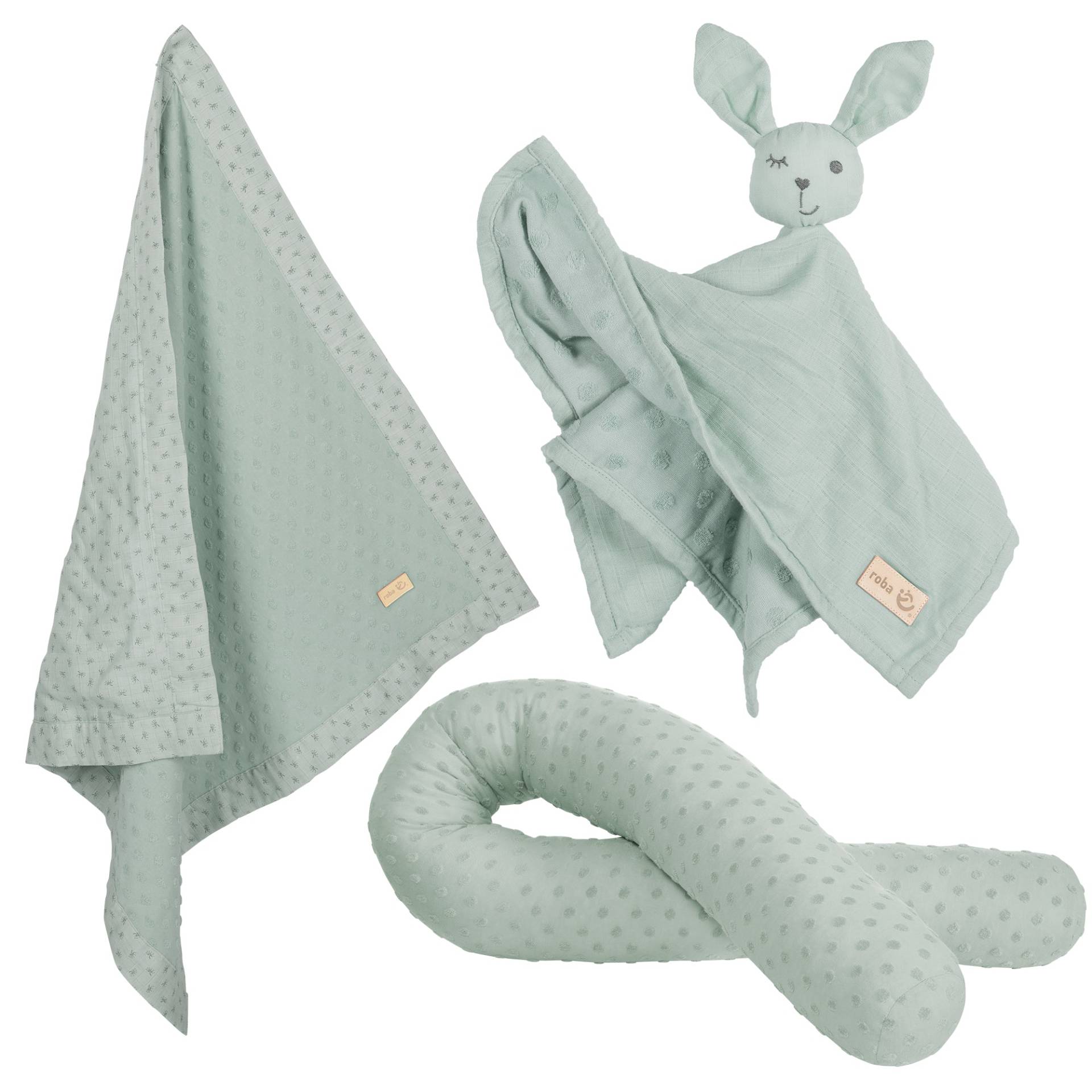 roba Organic Geschenkset 'Lil Planet' frosty green, Bio-Bettschlange, -Decke & -Schmusetuch