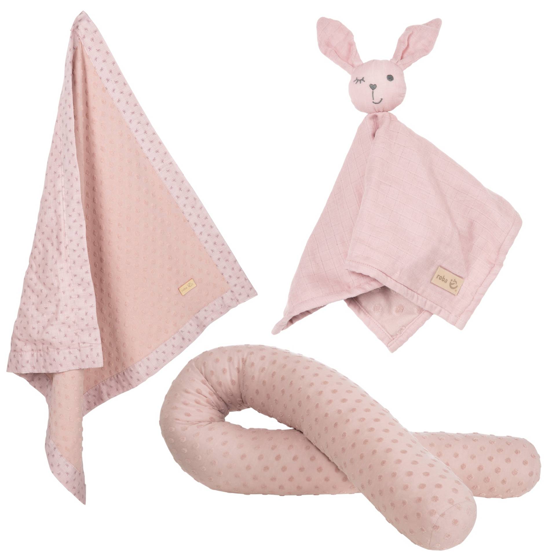 roba Organic Geschenkset 'Lil Planet' rosa/mauve, Bio-Bettschlange, -Decke & -Schmusetuch