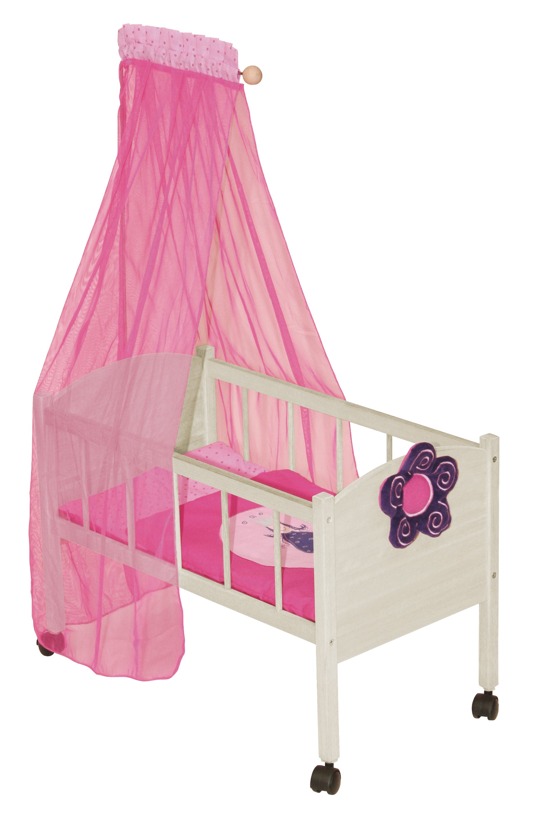 roba Puppenbett Serie 'Happy Fee', Holz natur inkl. textiler Ausstattung, Bettwäsche & Himmel pink