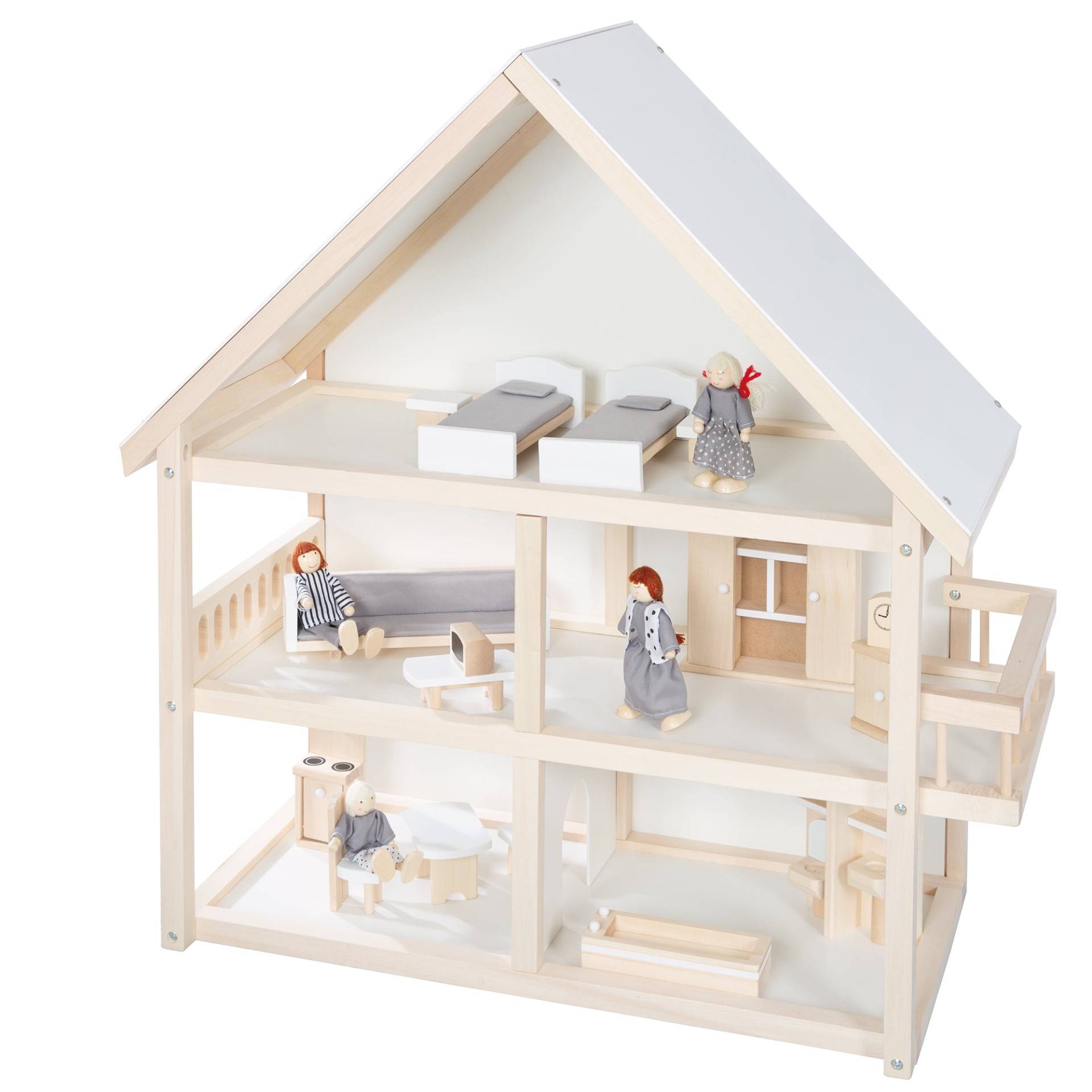 roba Puppenhaus inkl. Möbel & Puppen, Mädchen-Spielzeug aus Holz natur