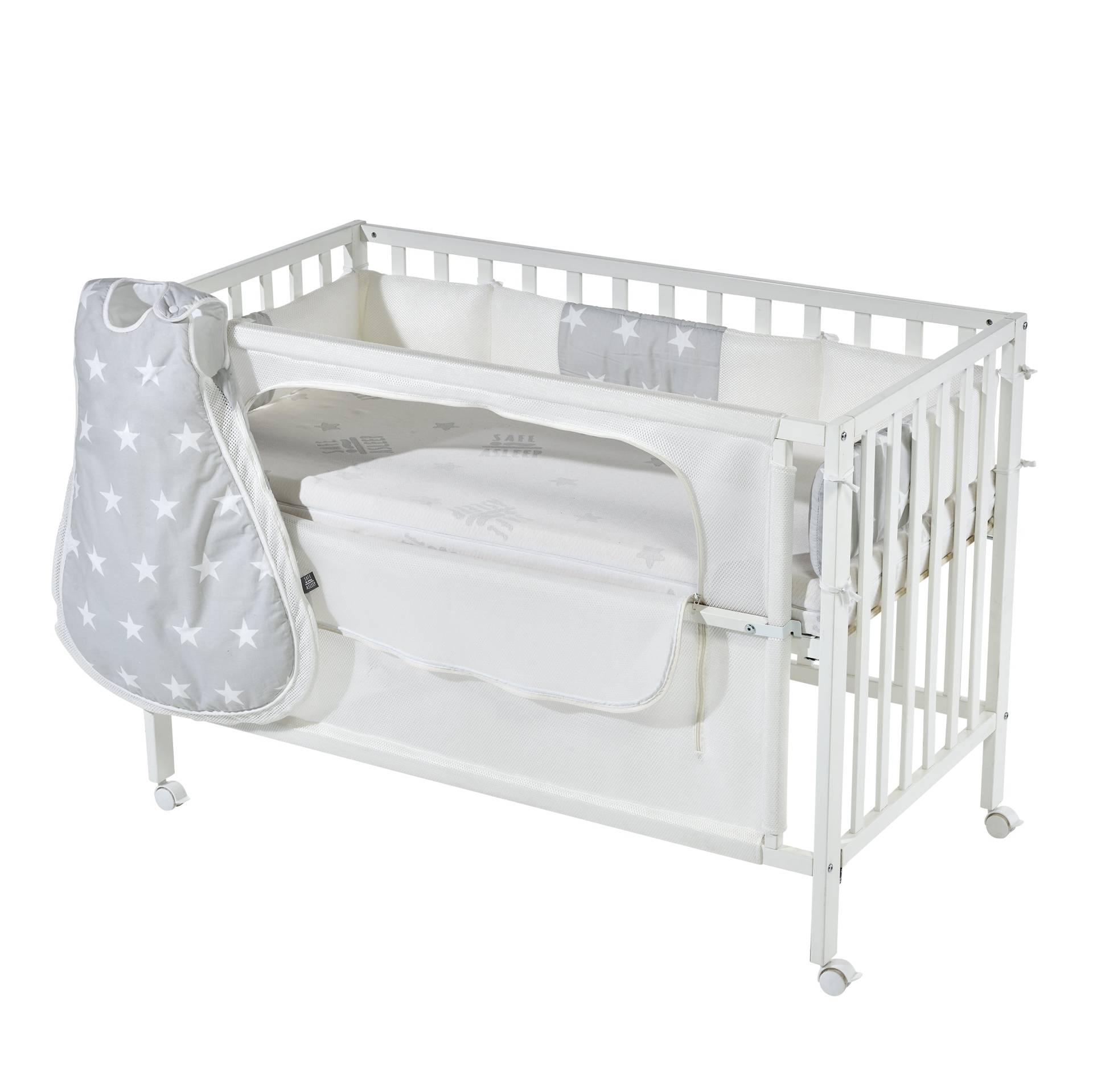 roba Room Bed 'safe asleep®', 60 x 120 cm, 'Sterne grau', Beistellbett inkl. Ausstattung, weiß lackiert
