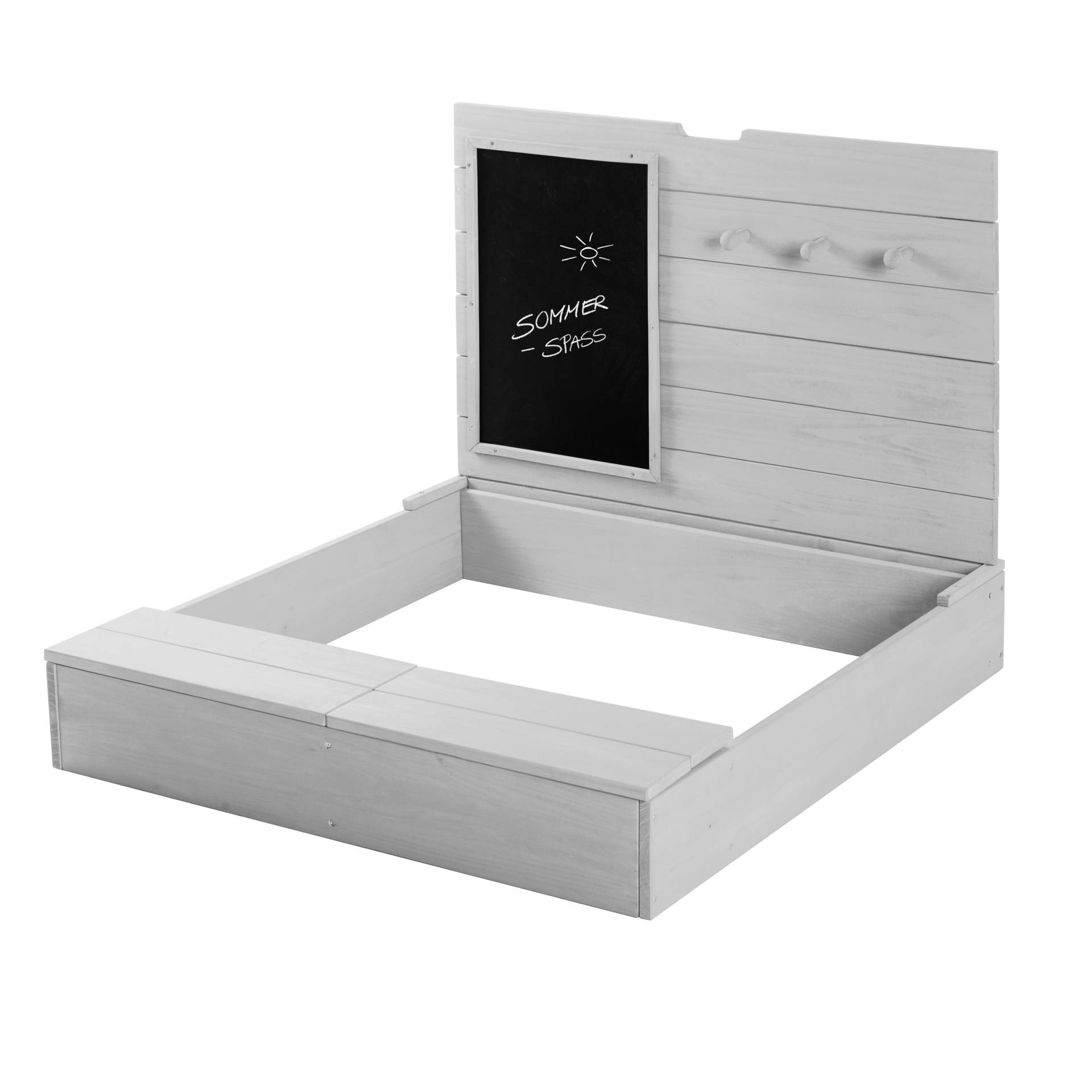 roba Sandkasten mit Deckel, aufklappbar mit Tafel & 3 Haken, Massivholz grau lasiert