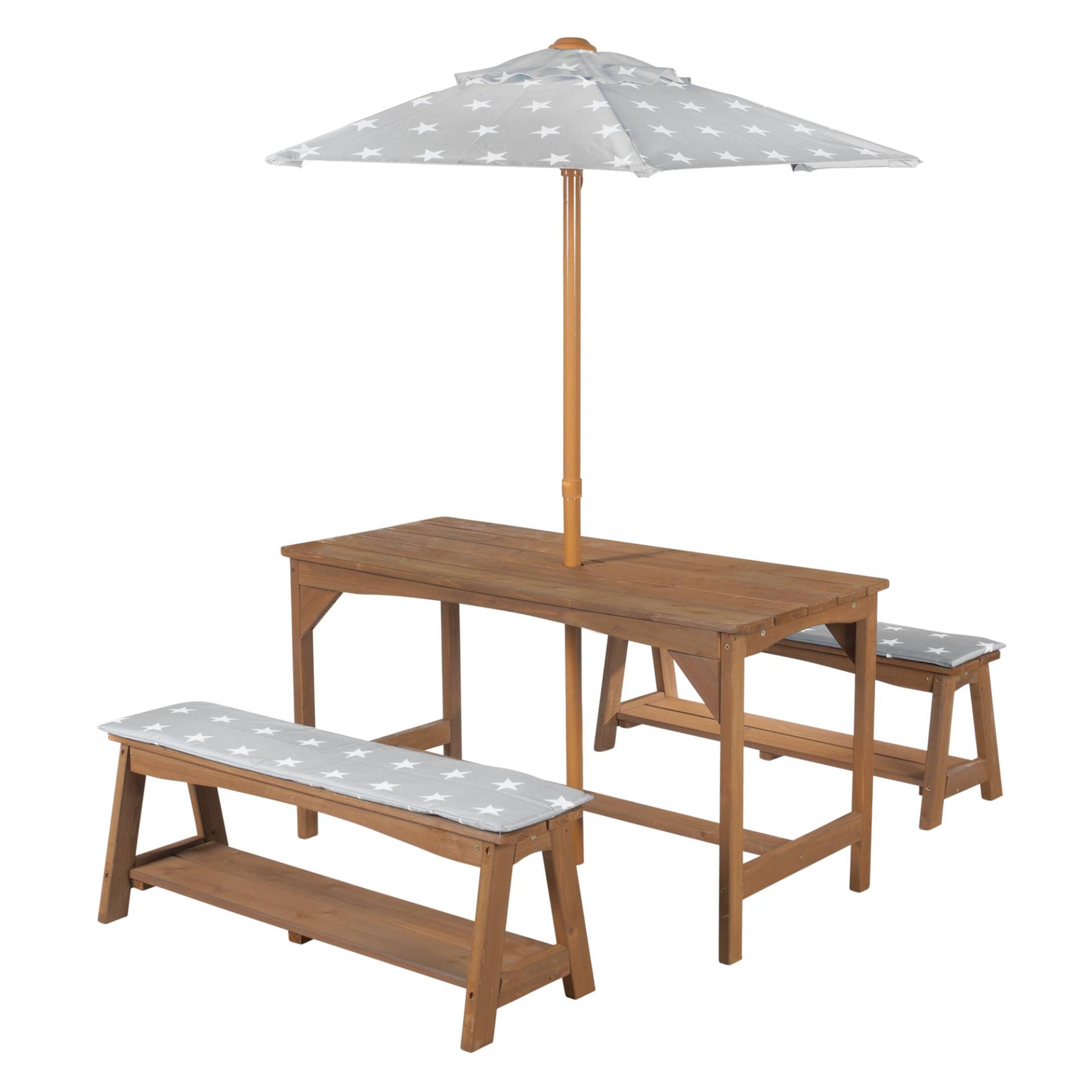 roba Sitzgruppe Outdoor+ 1 Tisch, 2 Bänke, Sonnenschirm & Sitzauflagen 'Little Stars' - Teak