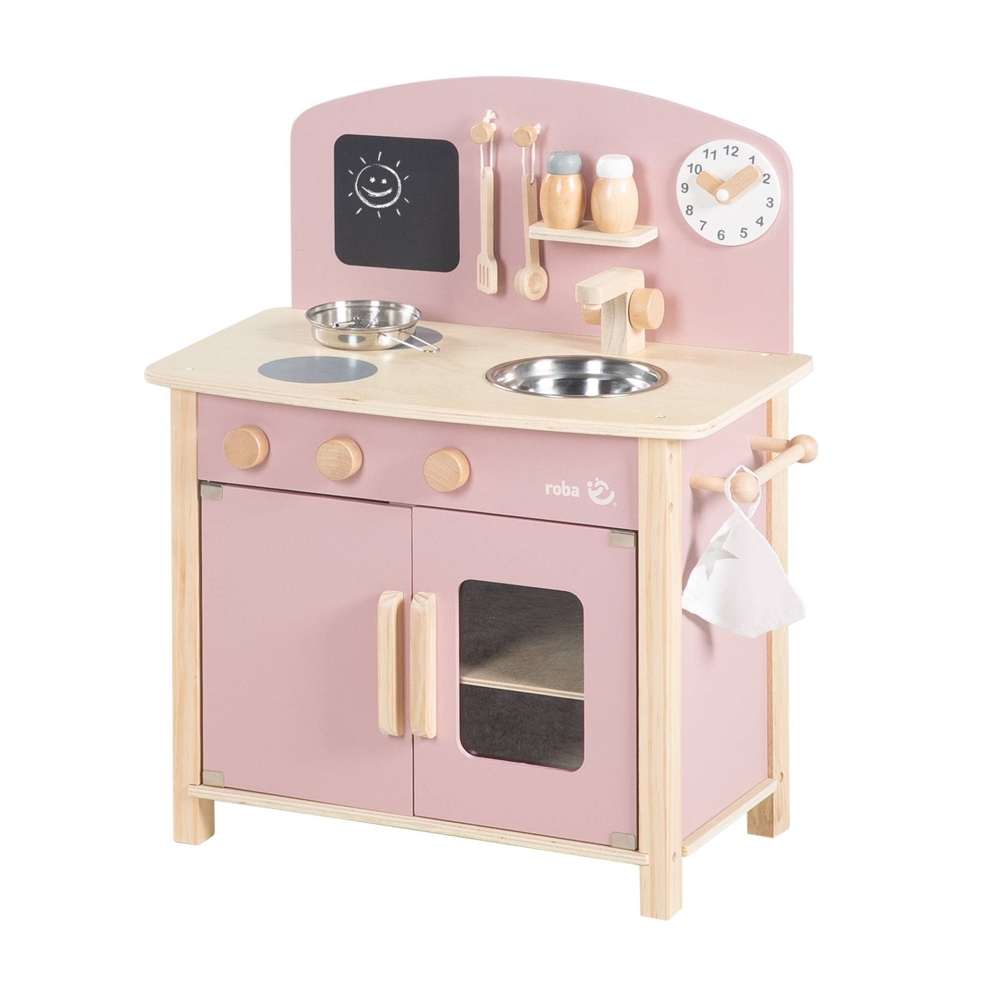 roba Spielküche weiß/natur/rosa mit 2 Kochstellen, Spüle, Wasserhahn & Zubehör