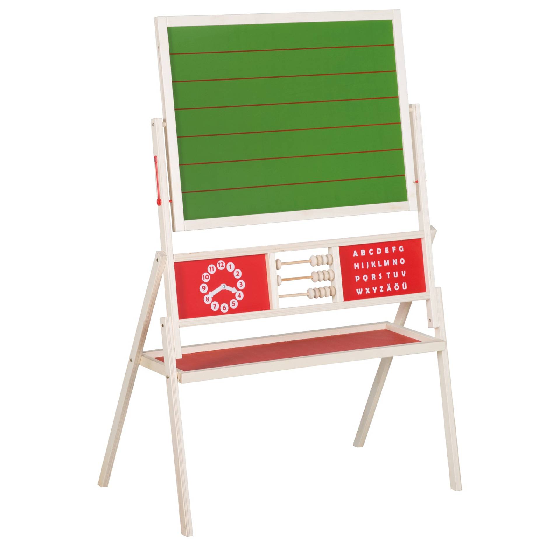 roba Standtafel drehbar mit Schreibtafel liniert, Maltafel magnetisch, Uhr, ABC, Holz natur