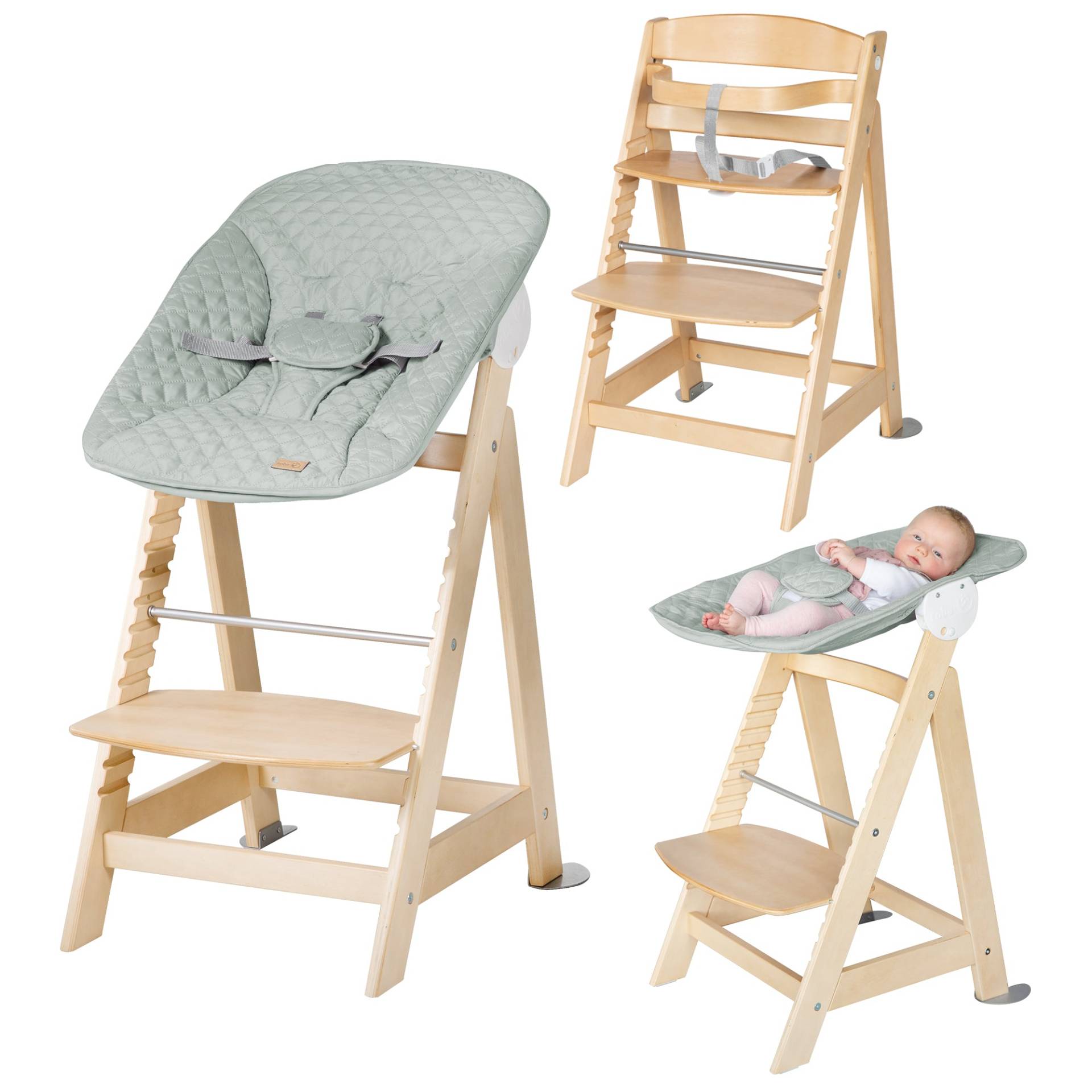 roba Treppenhochstuhl 'Born Up' Set 2in1, natur, mit Liegefunktion/ -aufsatz 'roba Style' frosty green