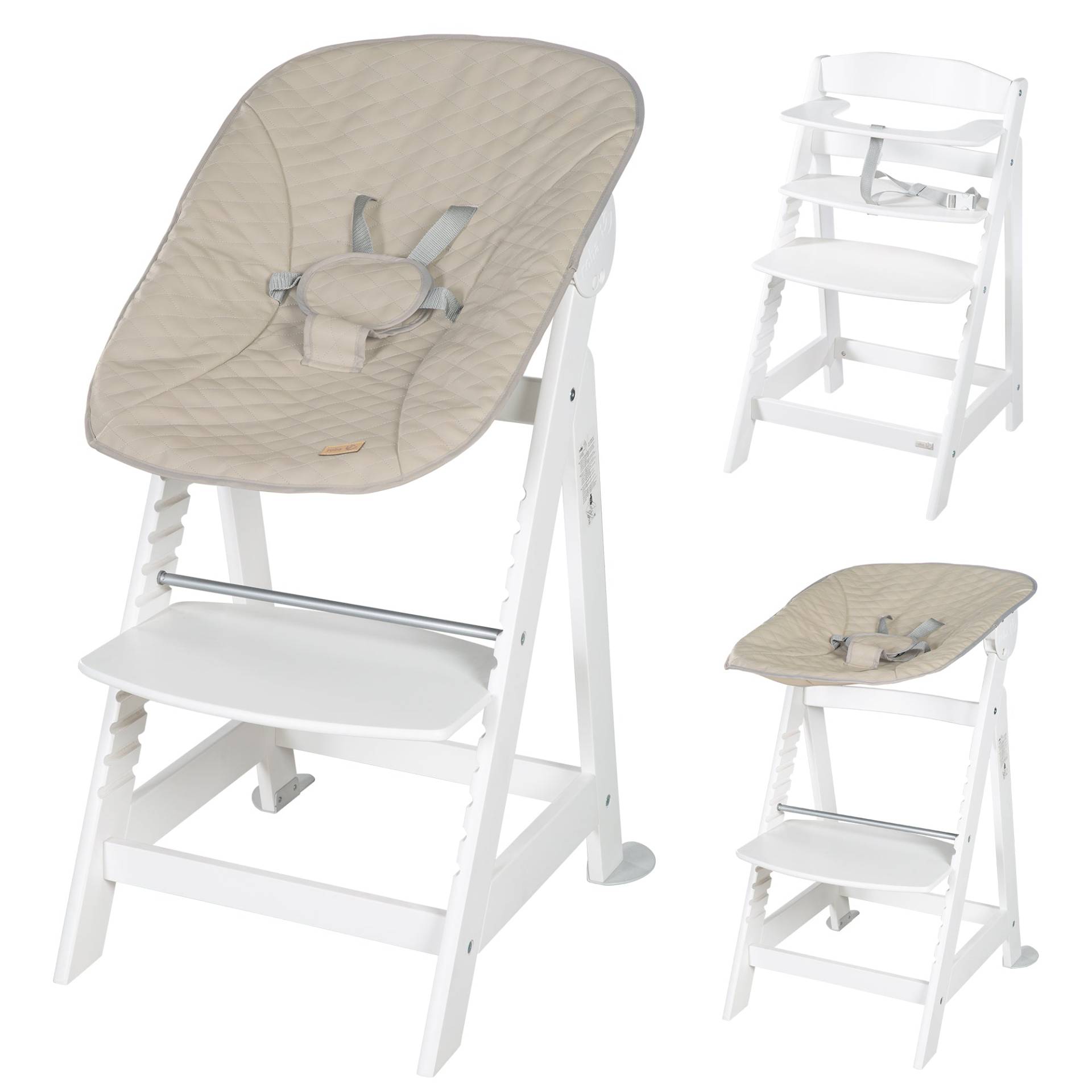 roba Treppenhochstuhl 'Born Up' Set 2in1 in Weiß, inkl. Liegeaufsatz 'Greyish gesteppt'