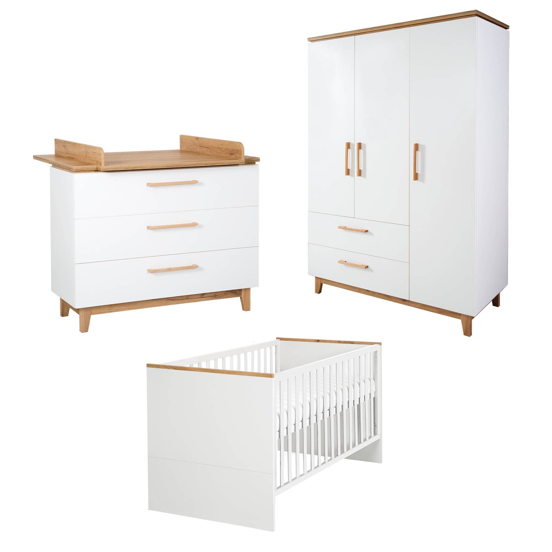 roba Zimmerset 'Finn' inkl. Kombi-Bett 70 x 140 cm, Wickelkommode & 3-türigem Schrank, Weiß/ Goldeiche