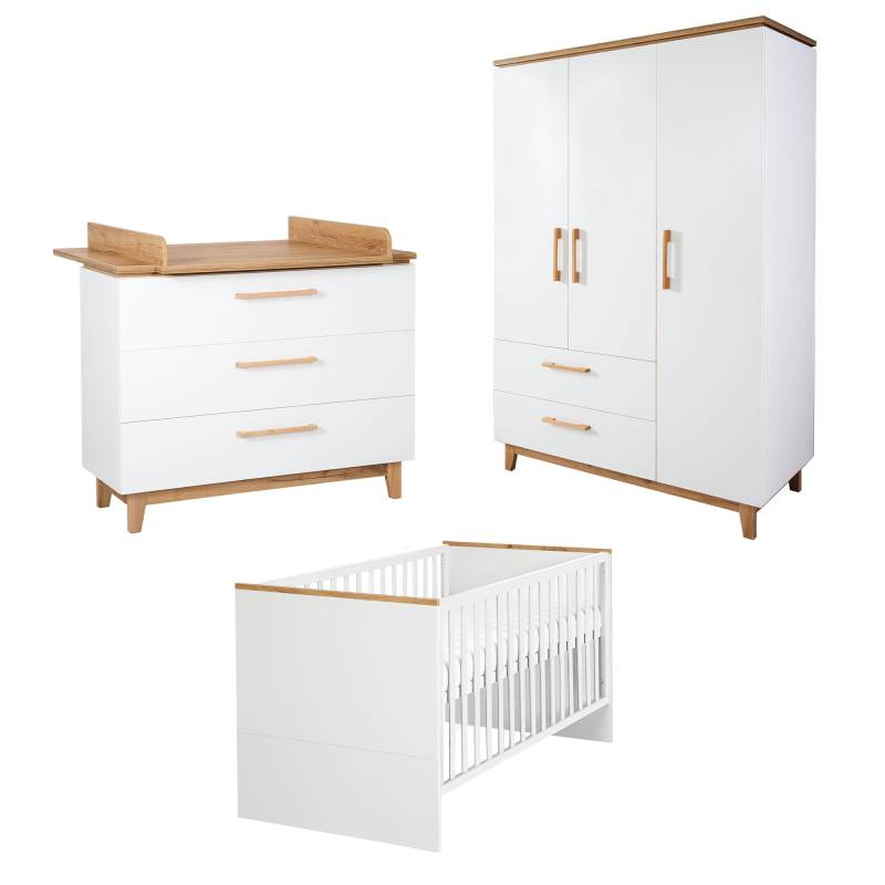 roba Zimmerset 'Finn' inkl. Kombi-Bett 70 x 140 cm, Wickelkommode & 3-türigem Schrank, Weiß/ Goldeiche