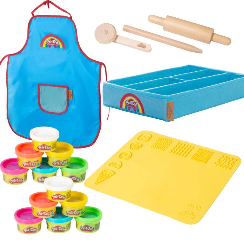 roba roba x Play-Doh Spielset mit Box, Kreativmatte, 12 Knete, Holzwerkzeugen & Schürze