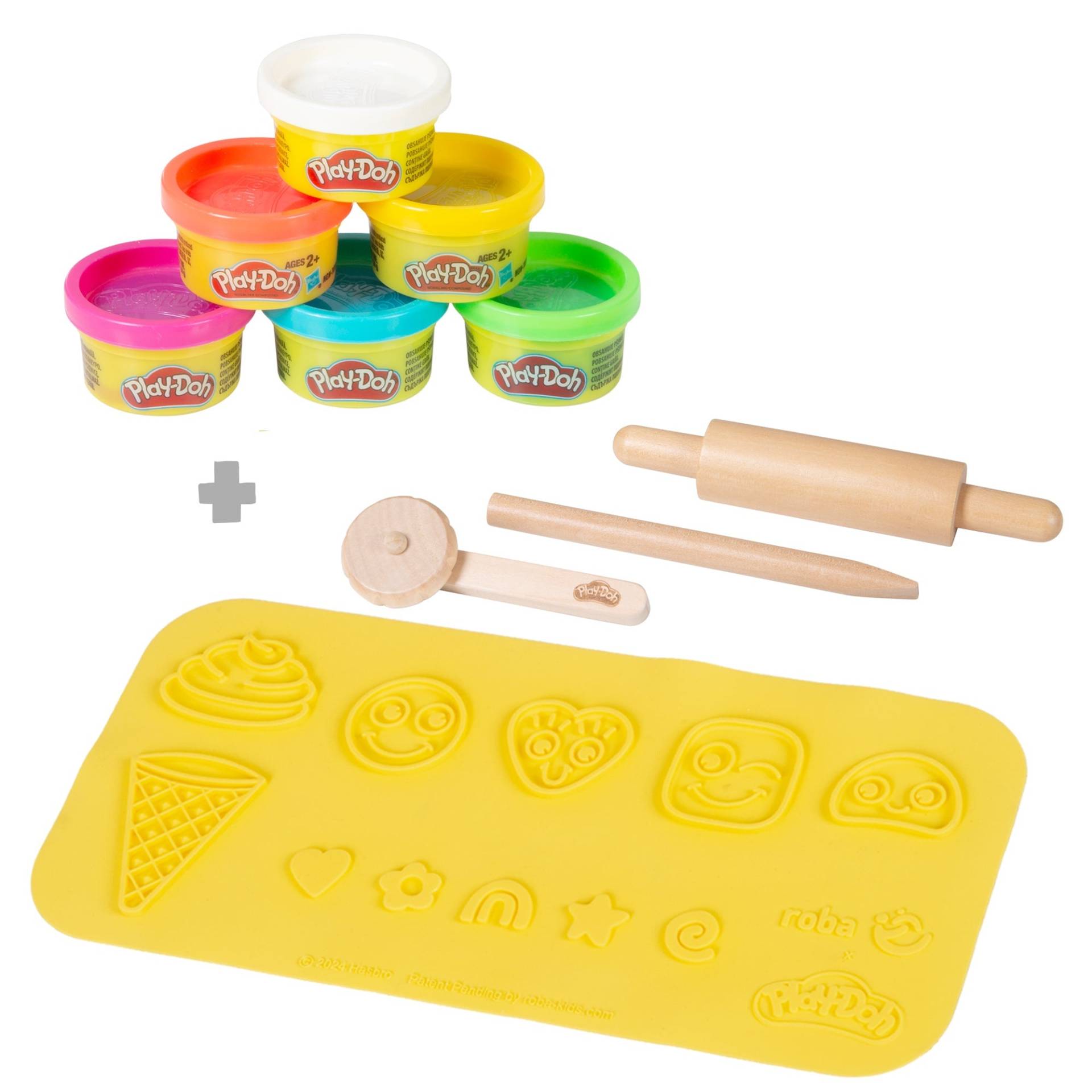 roba roba x Play-Doh Starterset - 3D-Kreativmatte, Holzwerkzeuge, 6 Knetdosen