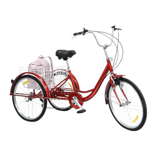 Erwachsenes Dreirad 24-Zoll Dreirad mit 6-Gang-Schaltung & Korb Goldenes Erwachsenenrad, 3-Räd-Fahrrad Trike Cruiser für Freizeit, Einkäufe & Stadtfahrten (Rot) von binxun