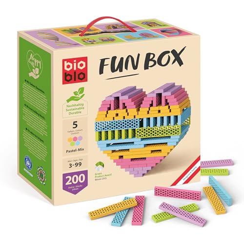 bioblo Funbox Pastel Mix 200 Stück | Nachhaltige Bunte Bauklötze für Kinder ab 3 Jahren | Holzbauklötze Kinderspielzeug | STEM Montessori Spielzeug für Stapel- & Balancierspiele von bioblo